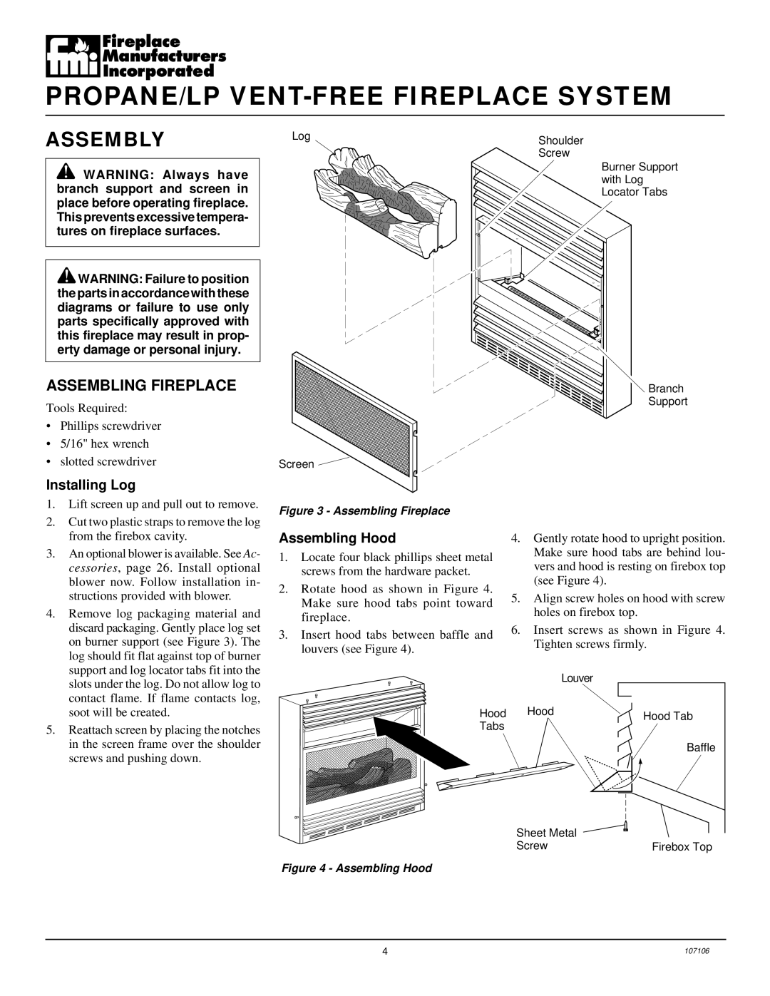 Desa FMH26TP installation manual Assembly, Assembling Fireplace, Installing Log, Assembling Hood 