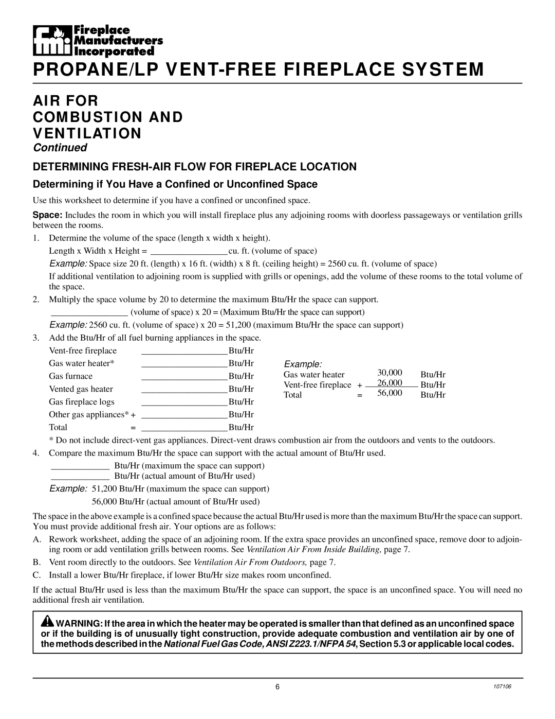 Desa FMH26TP installation manual AIR for Combustion Ventilation, Determining FRESH-AIR Flow for Fireplace Location 