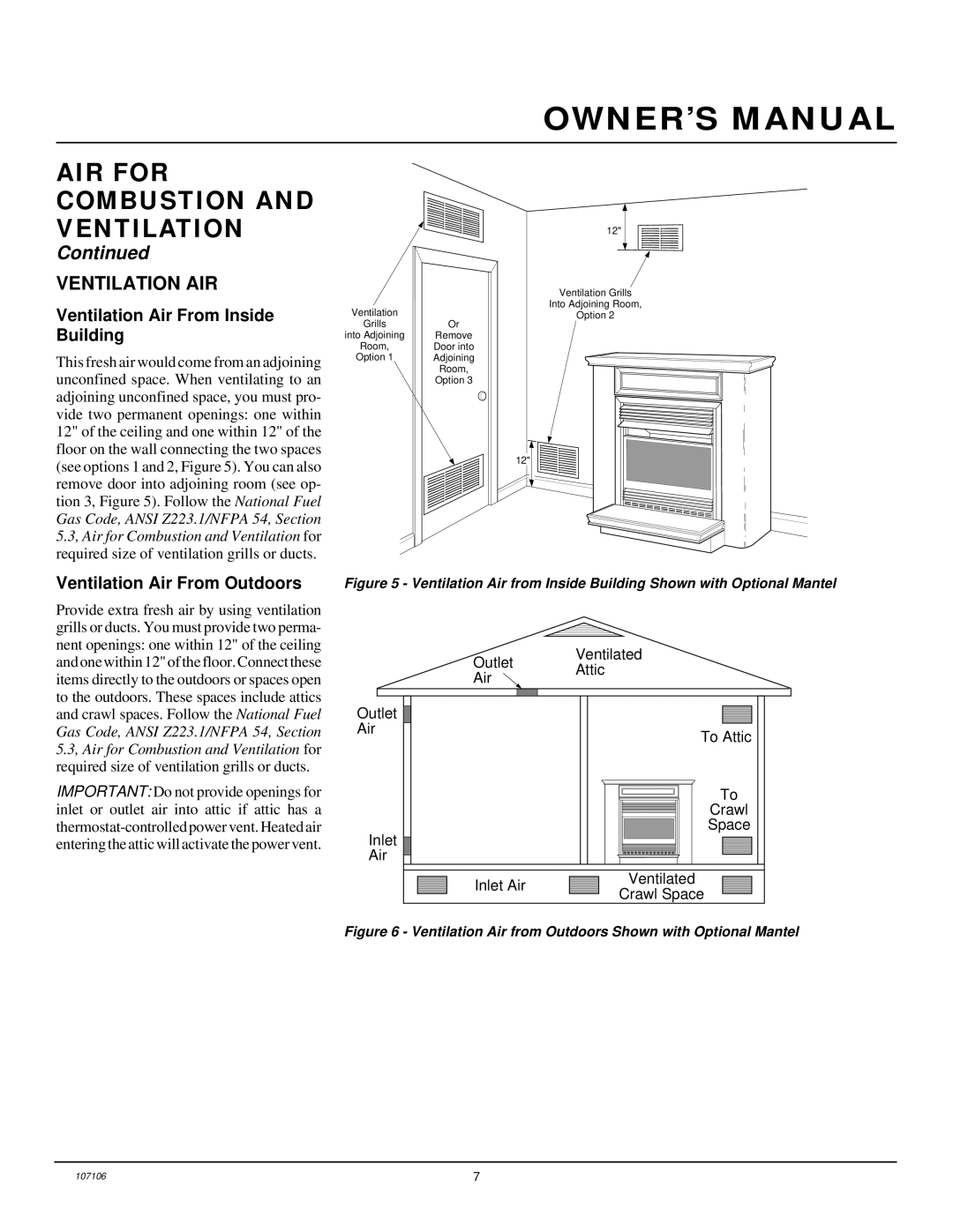 Desa FMH26TP installation manual Ventilation AIR, Ventilation Air From Inside Building, Ventilation Air From Outdoors 