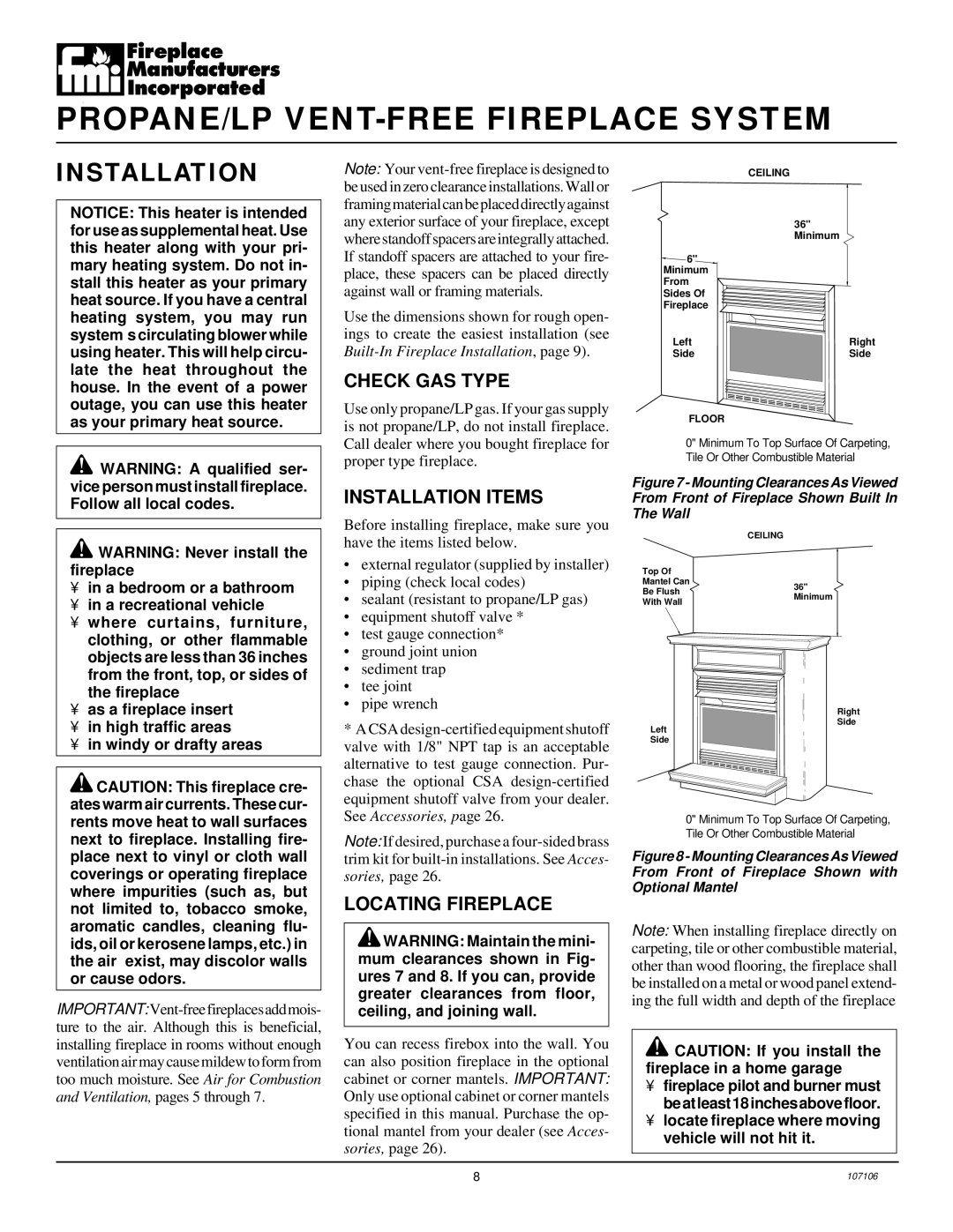 Desa FMH26TP installation manual Check GAS Type, Installation Items, Locating Fireplace 