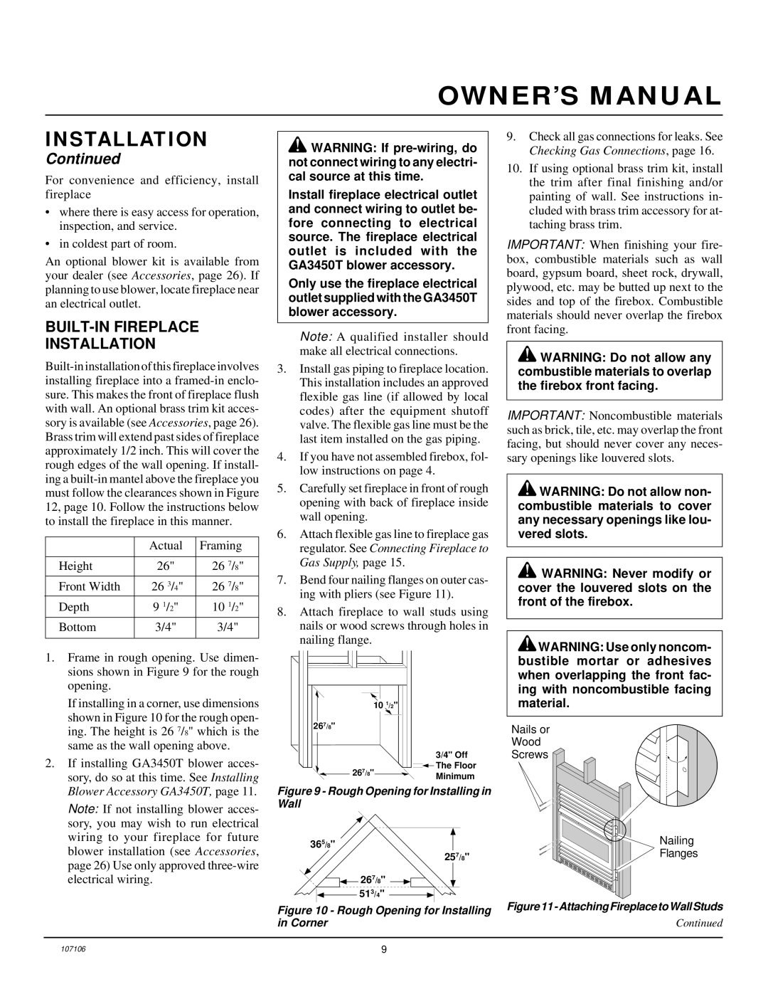 Desa FMH26TP installation manual BUILT-IN Fireplace Installation, Rough Opening for Installing in Wall 