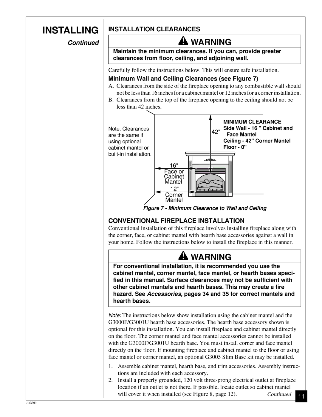 Desa FPVF33PR installation manual Conventional Fireplace Installation, Minimum Wall and Ceiling Clearances see Figure 