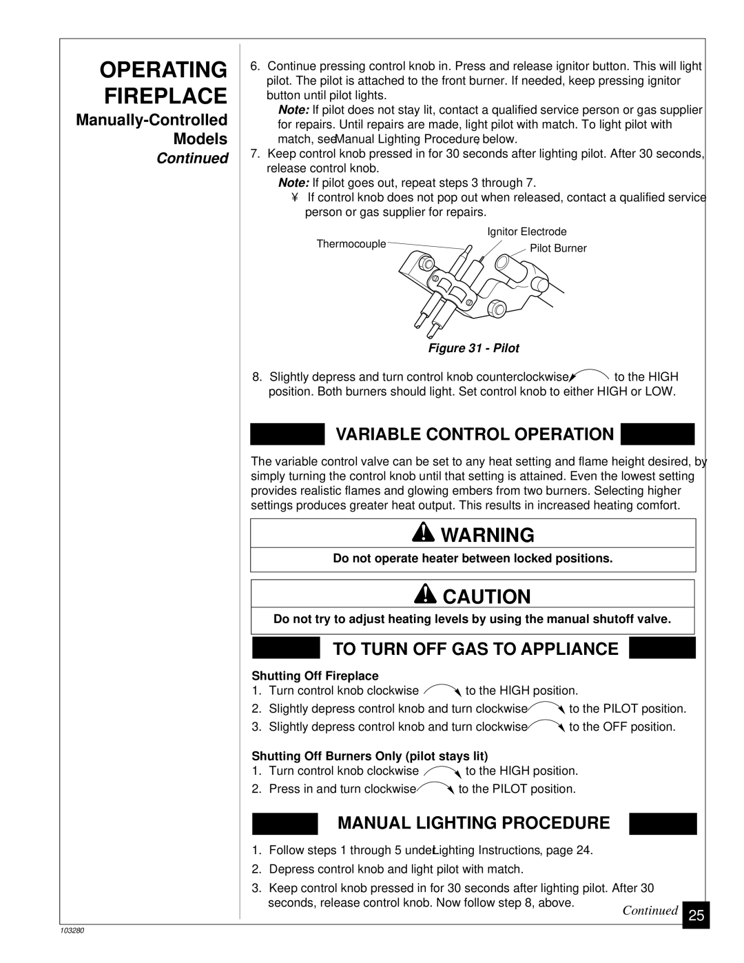 Desa FPVF33PR installation manual Variable Control Operation 