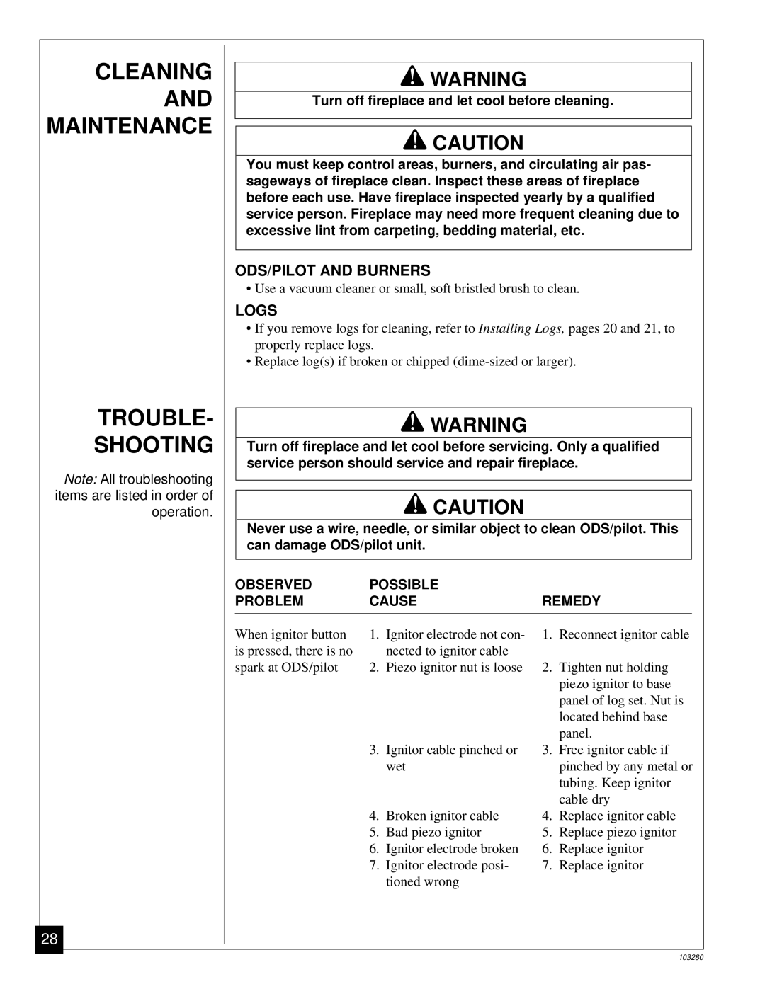 Desa FPVF33PR installation manual Cleaning and Maintenance Trouble Shooting, ODS/PILOT and Burners, Logs 