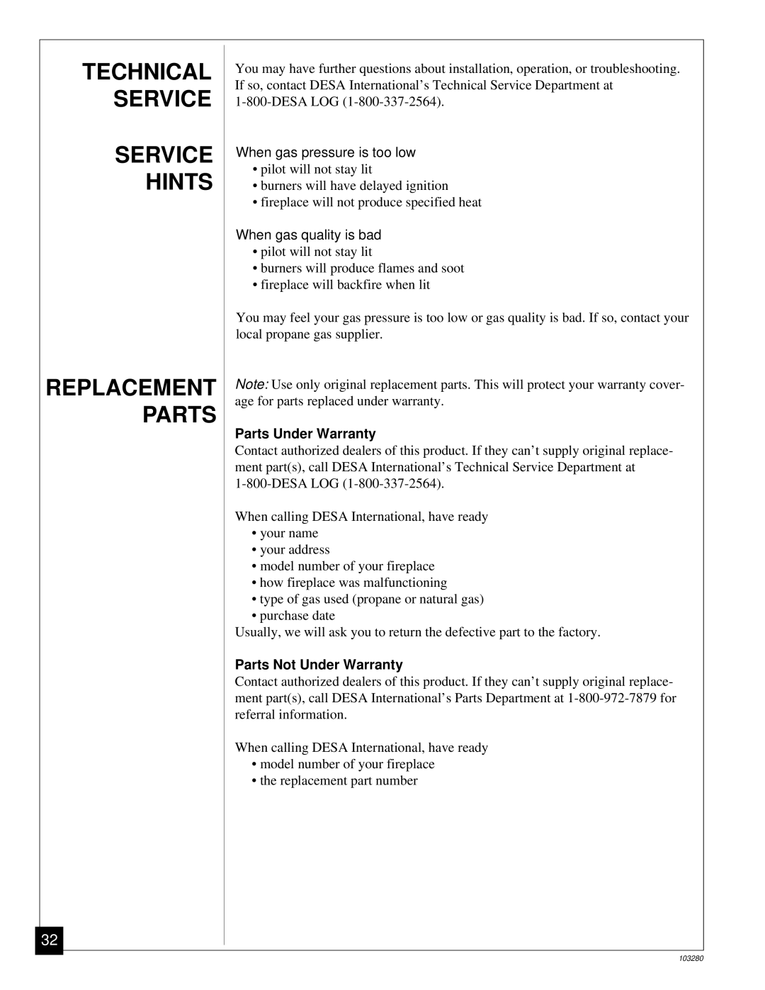 Desa FPVF33PR installation manual Technical Service Hints Replacement Parts, Parts Under Warranty, Parts Not Under Warranty 