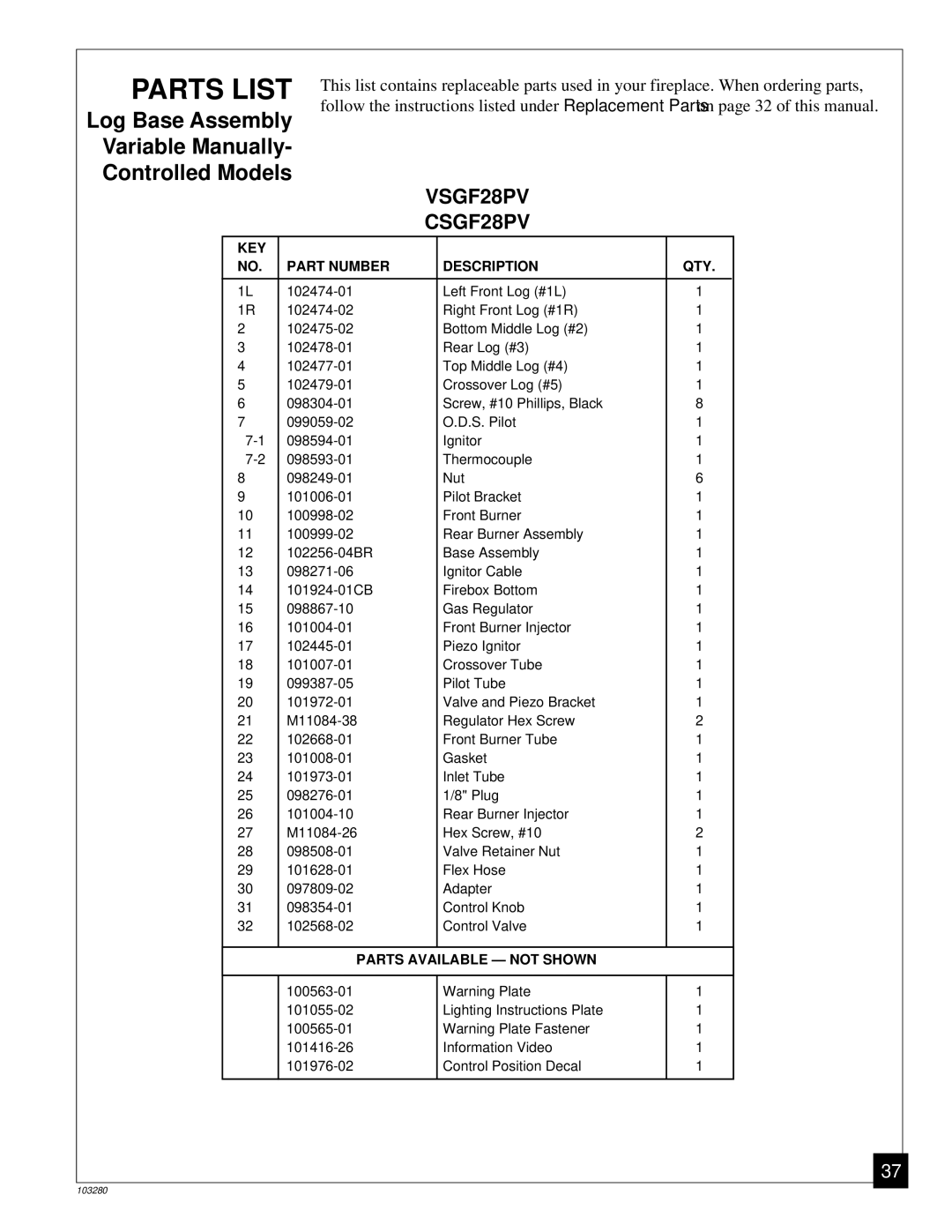 Desa FPVF33PR installation manual Parts List, Log Base Assembly Variable Manually Controlled Models 