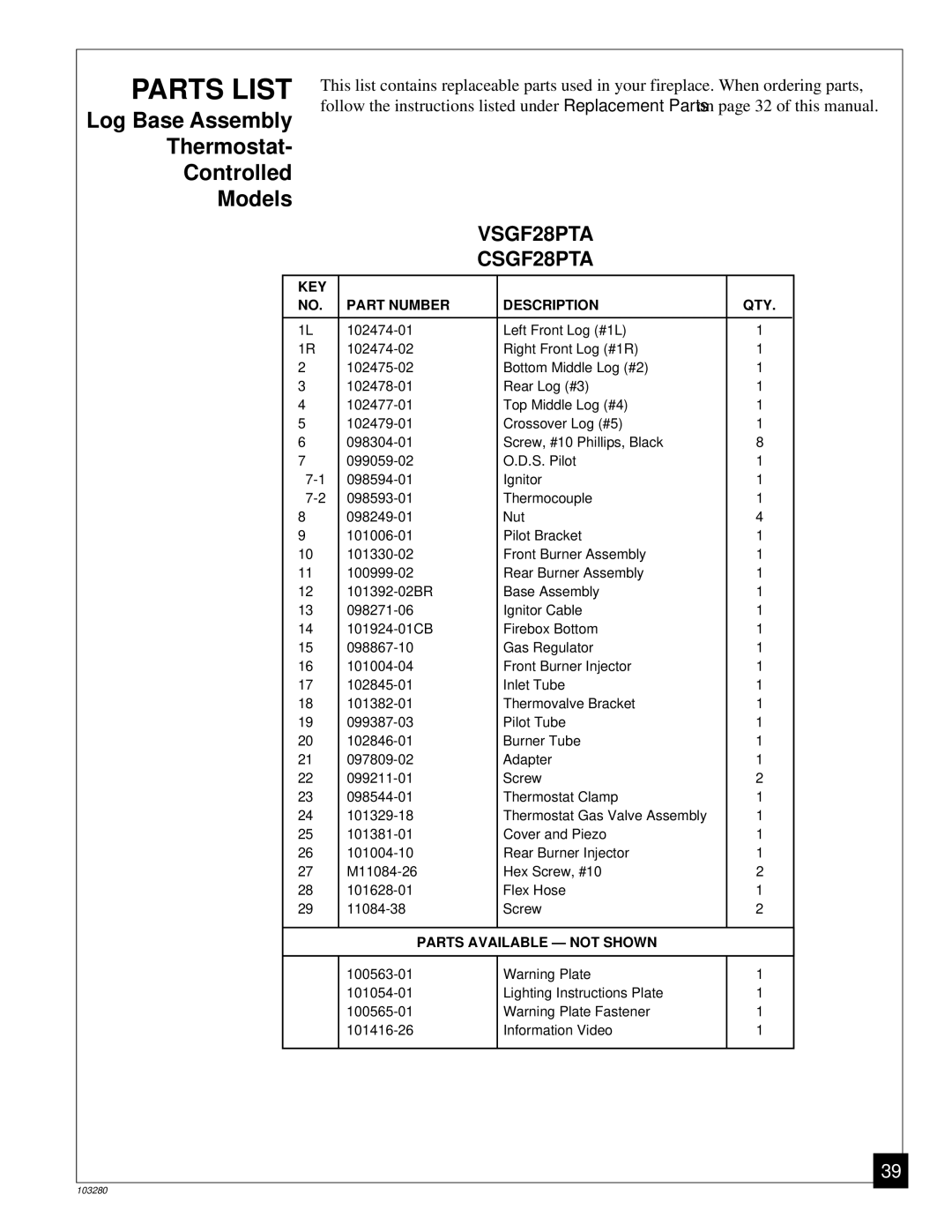 Desa FPVF33PR installation manual Log Base Assembly Thermostat Controlled Models 