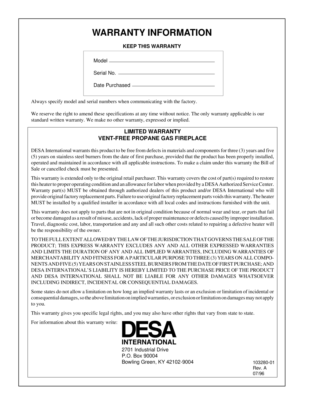 Desa FPVF33PR installation manual Warranty Information, Keep this Warranty 