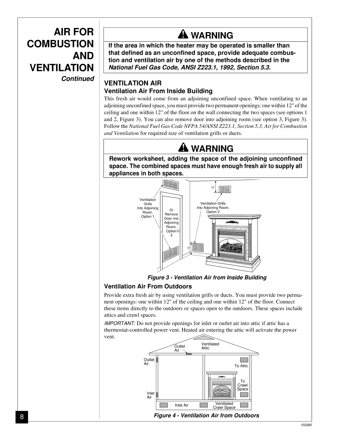 Desa FPVF33PR installation manual Ventilation AIR, Ventilation Air From Inside Building, Ventilation Air From Outdoors 