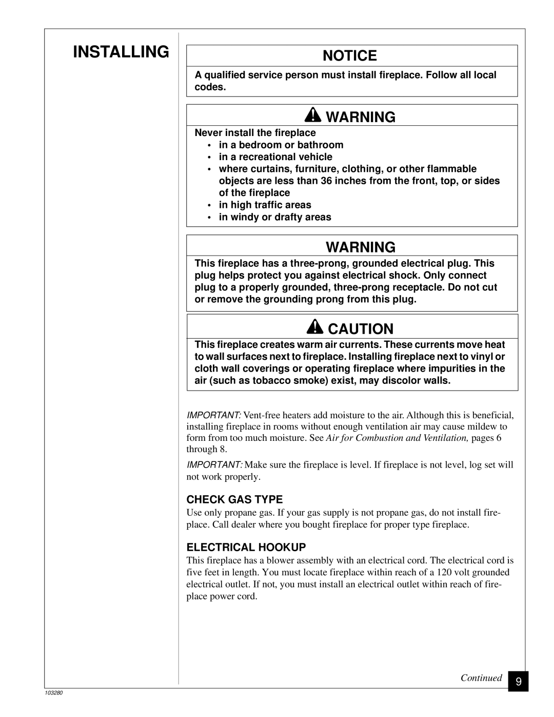 Desa FPVF33PR installation manual Installing, Check GAS Type, Electrical Hookup 