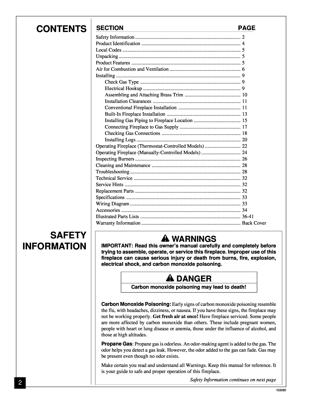 Desa FPVF33PR Contents Safety Information, Warnings, Danger, Section, Page, Carbon monoxide poisoning may lead to death 