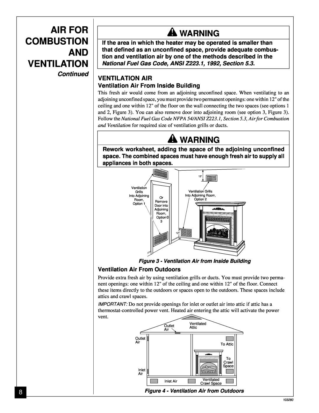 Desa FPVF33PR installation manual Ventilation Air, Qqqq¢¢¢¢, Air For Combustion And Ventilation, Continued 