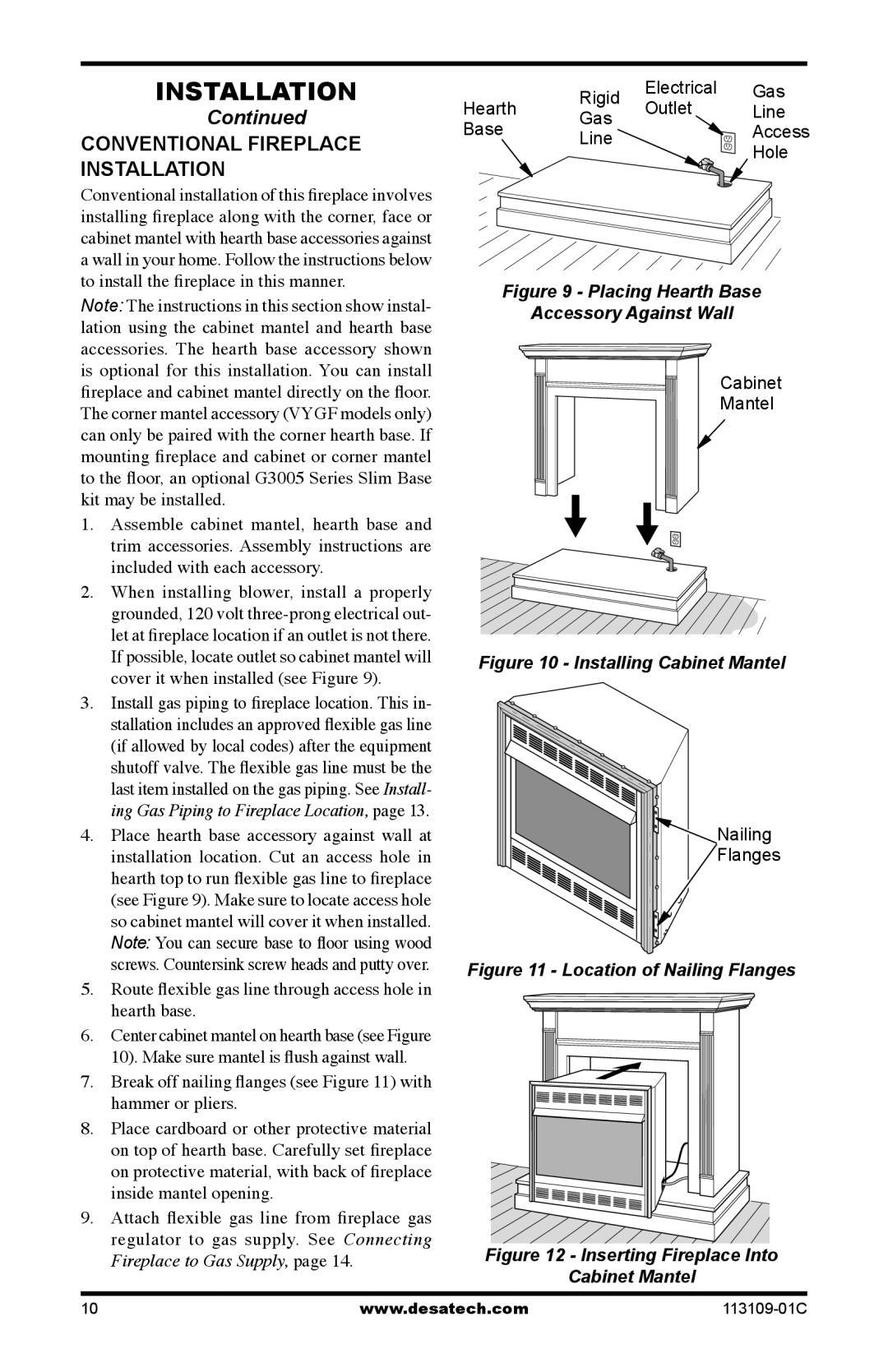 Desa FPVF33PRA, VYGF33NRC Conventional Fireplace Installation, Placing Hearth Base Accessory Against Wall 