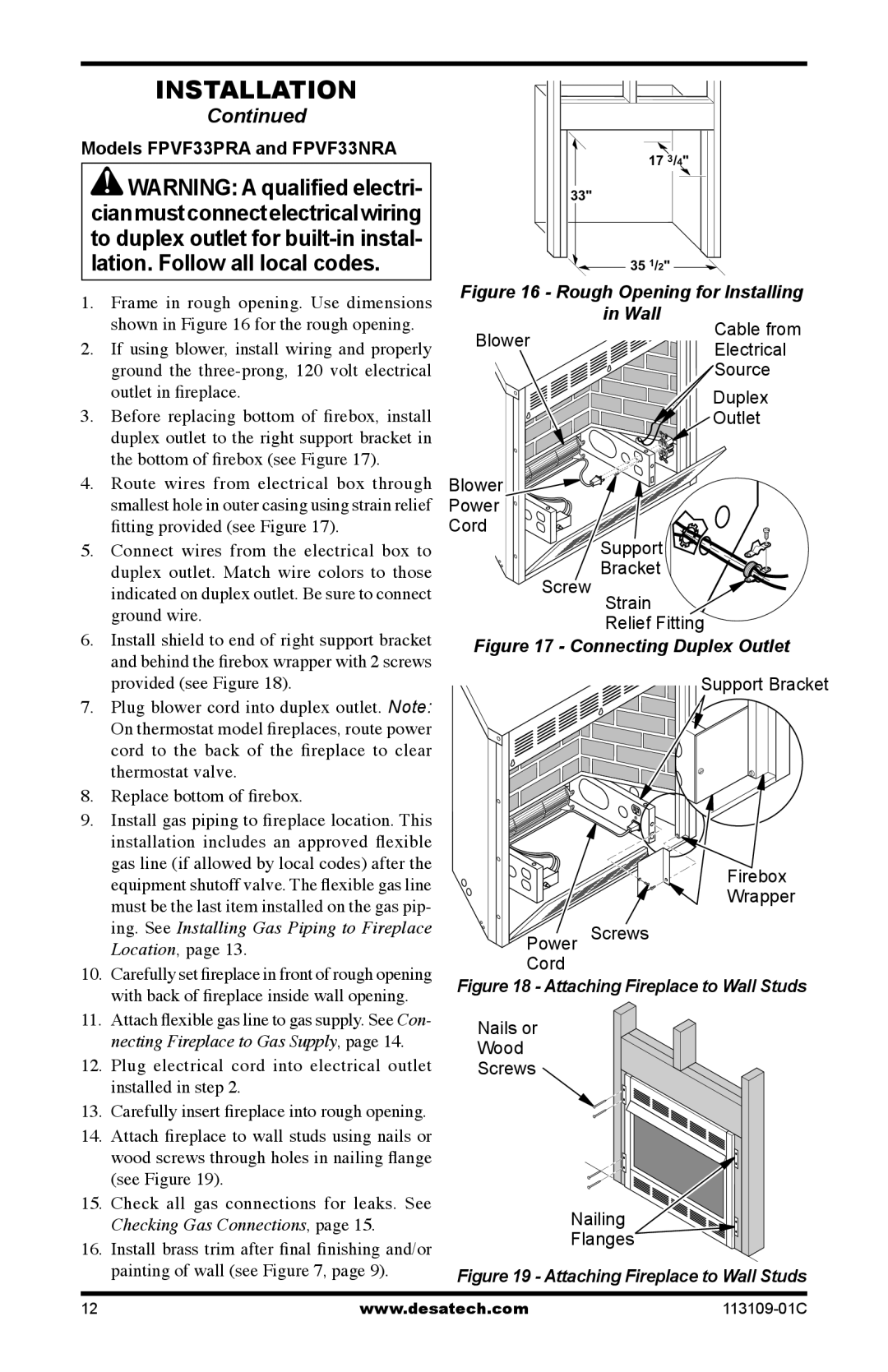 Desa VYGF33NRC installation manual Models FPVF33PRA and FPVF33NRA, Connecting Duplex Outlet 