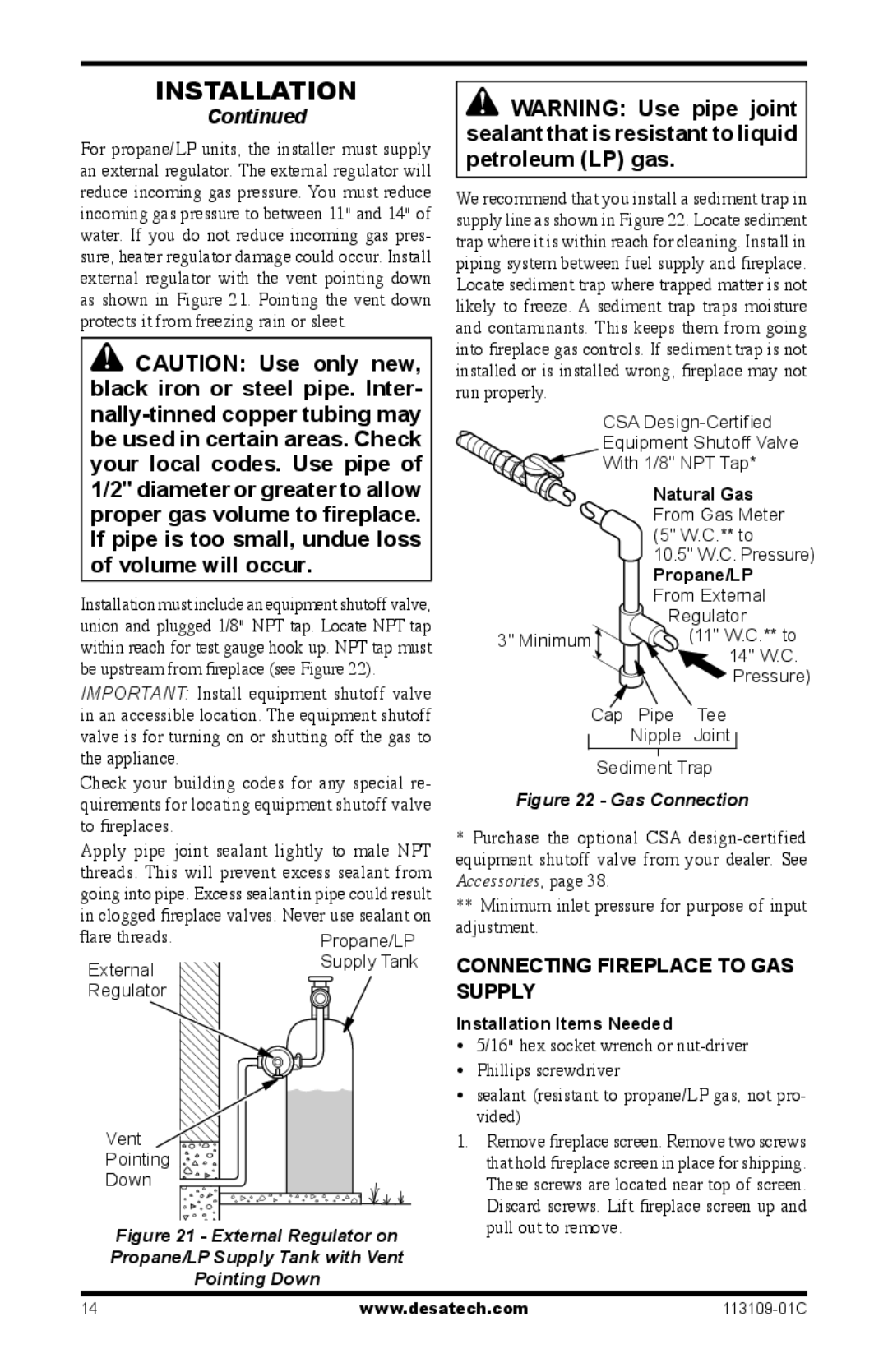 Desa FPVF33PRA Connecting Fireplace to GAS Supply, Natural Gas From Gas Meter 5 W.C.** to, Propane/LP, Accessories 