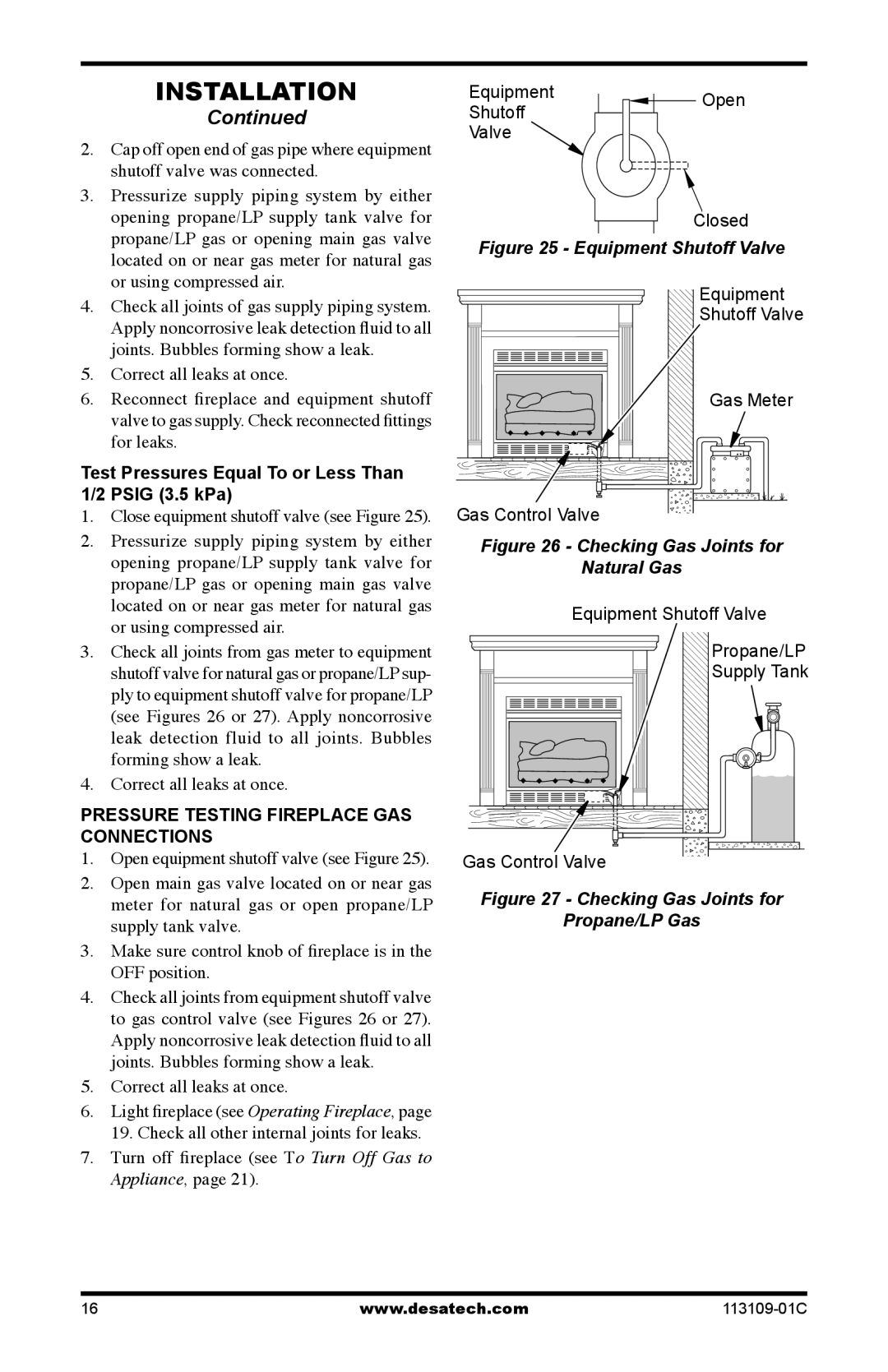 Desa FPVF33PRA, VYGF33NRC Test Pressures Equal To or Less Than Psig 3.5 kPa, Pressure Testing Fireplace Gas Connections 