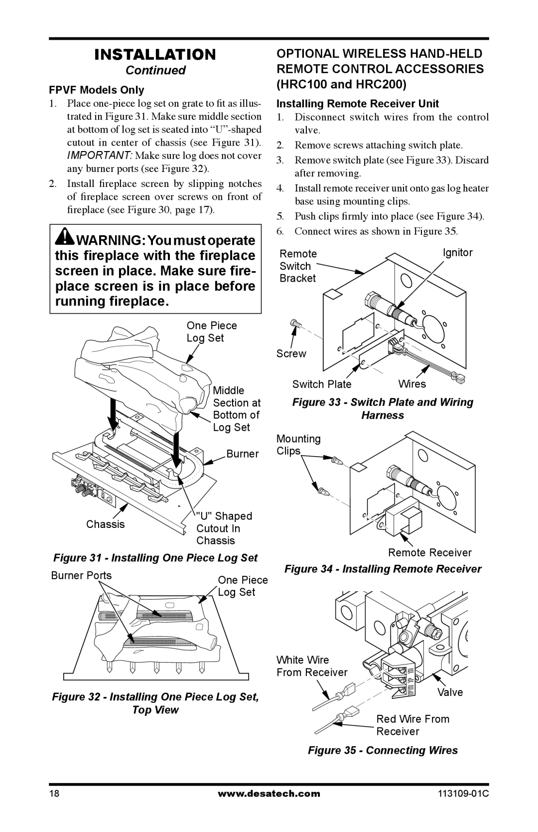 Desa FPVF33PRA, VYGF33NRC installation manual Fpvf Models Only, Installing Remote Receiver Unit 