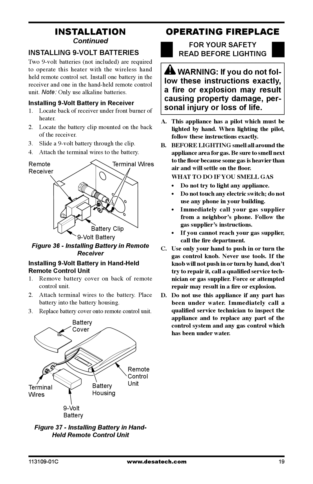 Desa VYGF33NRC, FPVF33PRA Operating Fireplace, Installing 9-Volt Batteries, For Your Safety Read Before Lighting 