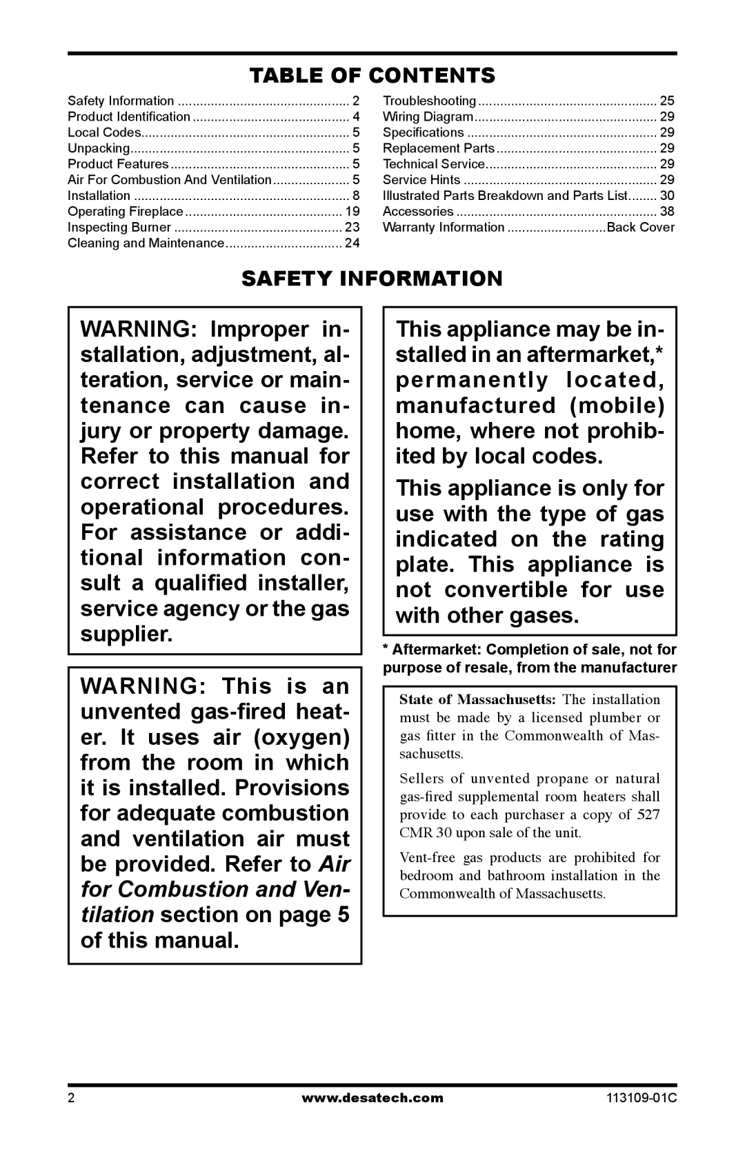 Desa FPVF33PRA, VYGF33NRC installation manual Table of Contents, Safety Information 