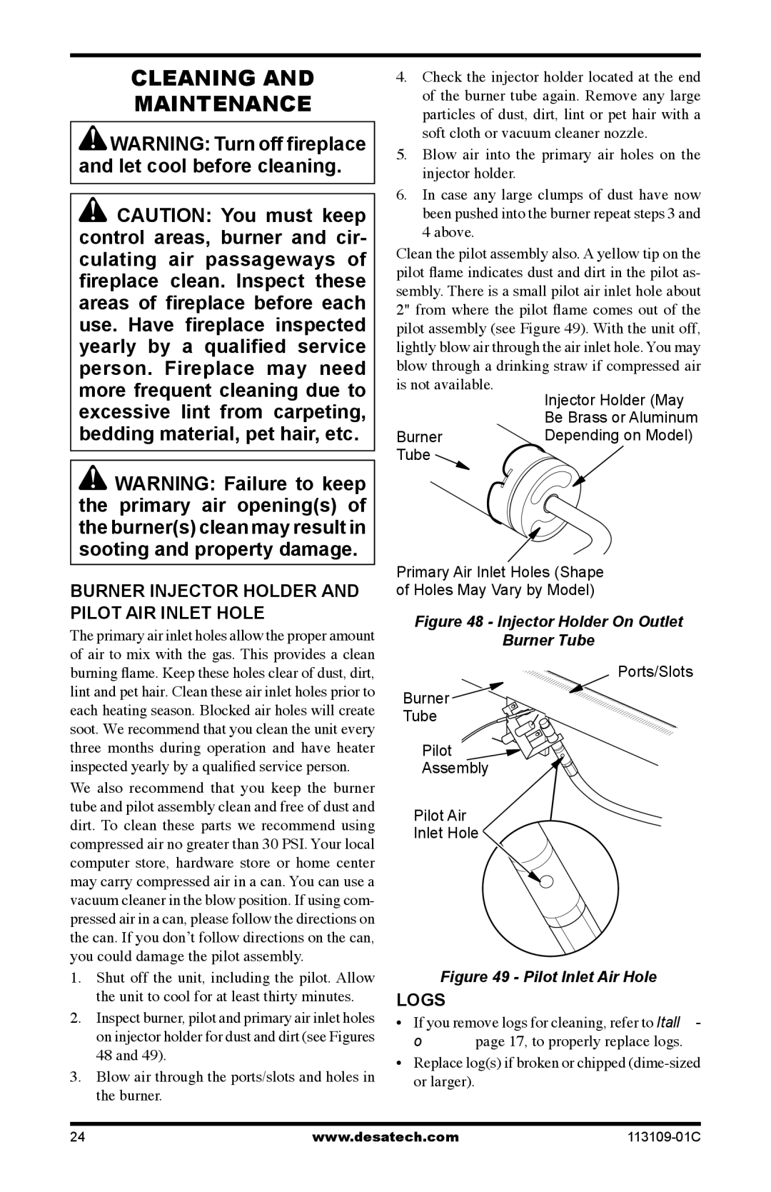 Desa FPVF33PRA, VYGF33NRC installation manual Cleaning Maintenance, Burner Injector Holder and Pilot Air Inlet Hole, Logs 