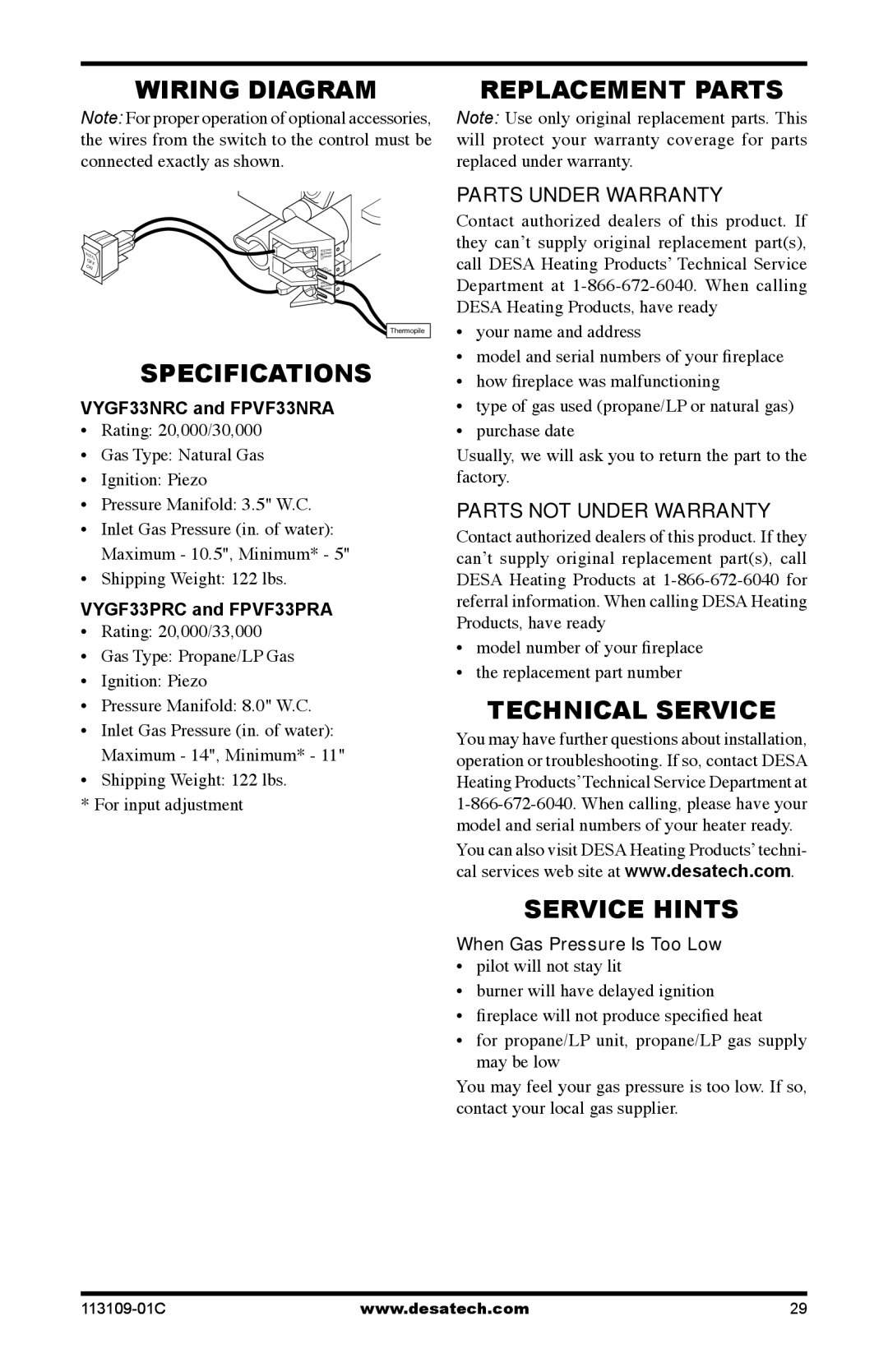 Desa VYGF33NRC, FPVF33PRA Wiring Diagram, Specifications, Replacement Parts, Technical Service, Service Hints 