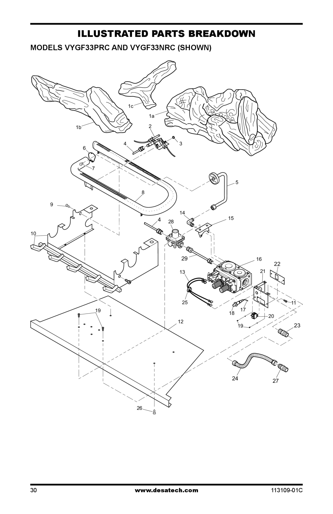 Desa FPVF33PRA installation manual Illustrated Parts Breakdown, Models VYGF33PRC and VYGF33NRC Shown 