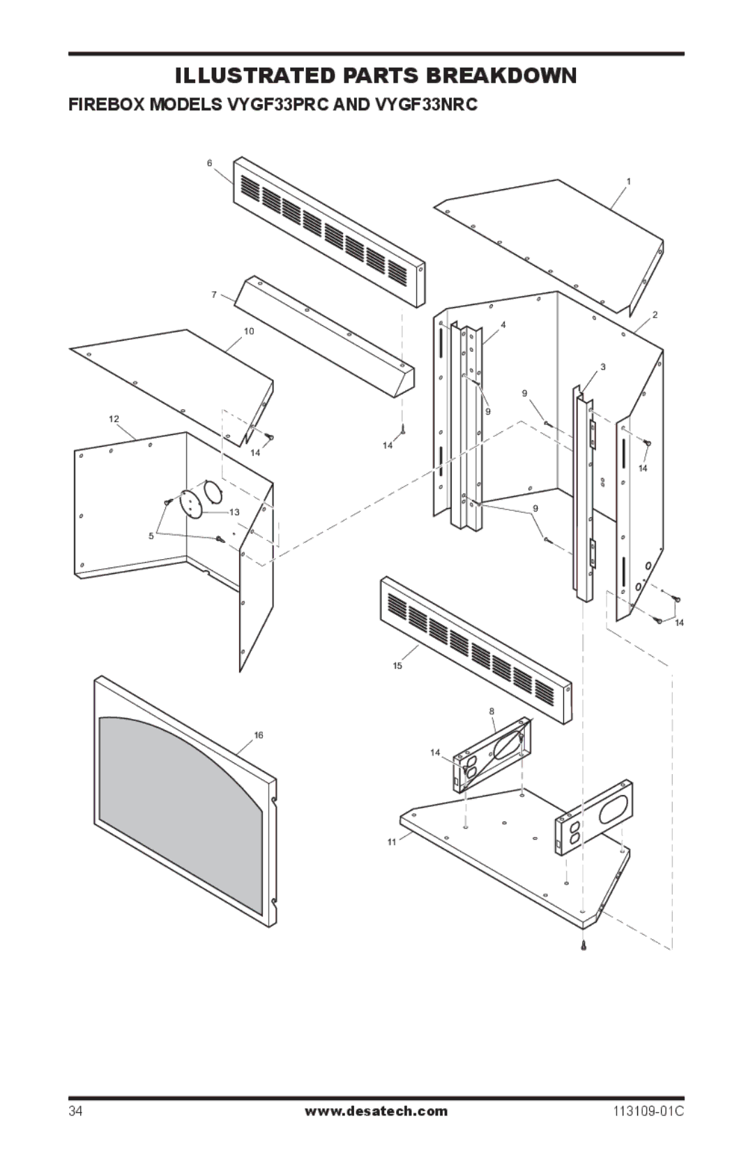 Desa FPVF33PRA installation manual Firebox Models VYGF33PRC and VYGF33NRC 