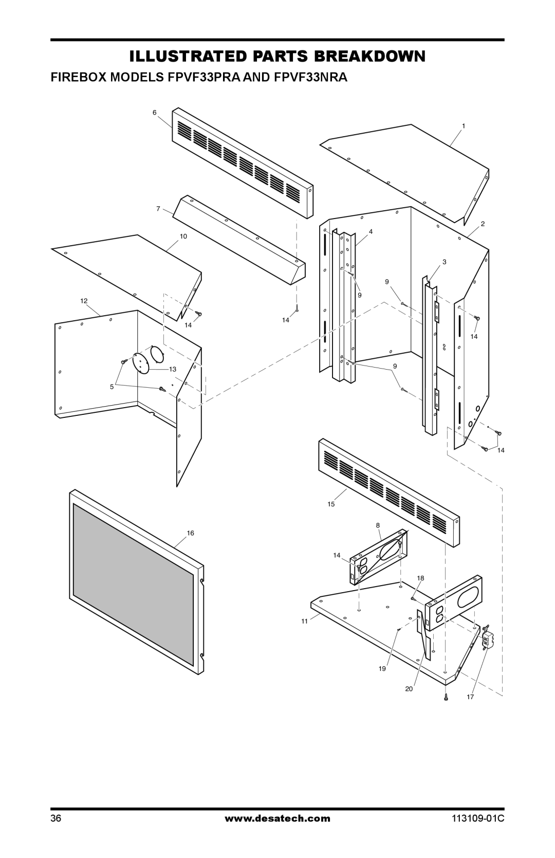 Desa VYGF33NRC installation manual Firebox Models FPVF33PRA and FPVF33NRA 