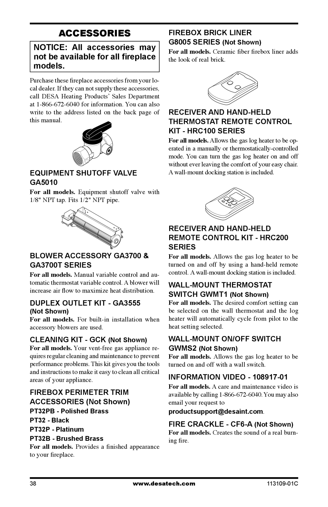 Desa FPVF33PRA, VYGF33NRC installation manual Accessories 