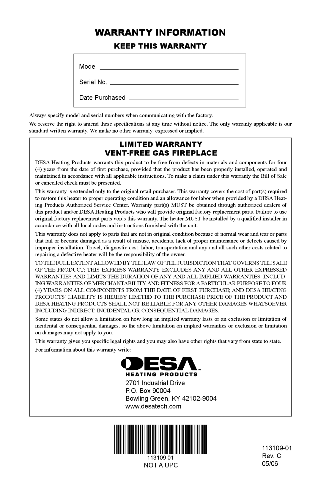 Desa FPVF33PRA, VYGF33NRC Warranty Information, Keep this Warranty, Limited Warranty VENT-FREE GAS Fireplace 