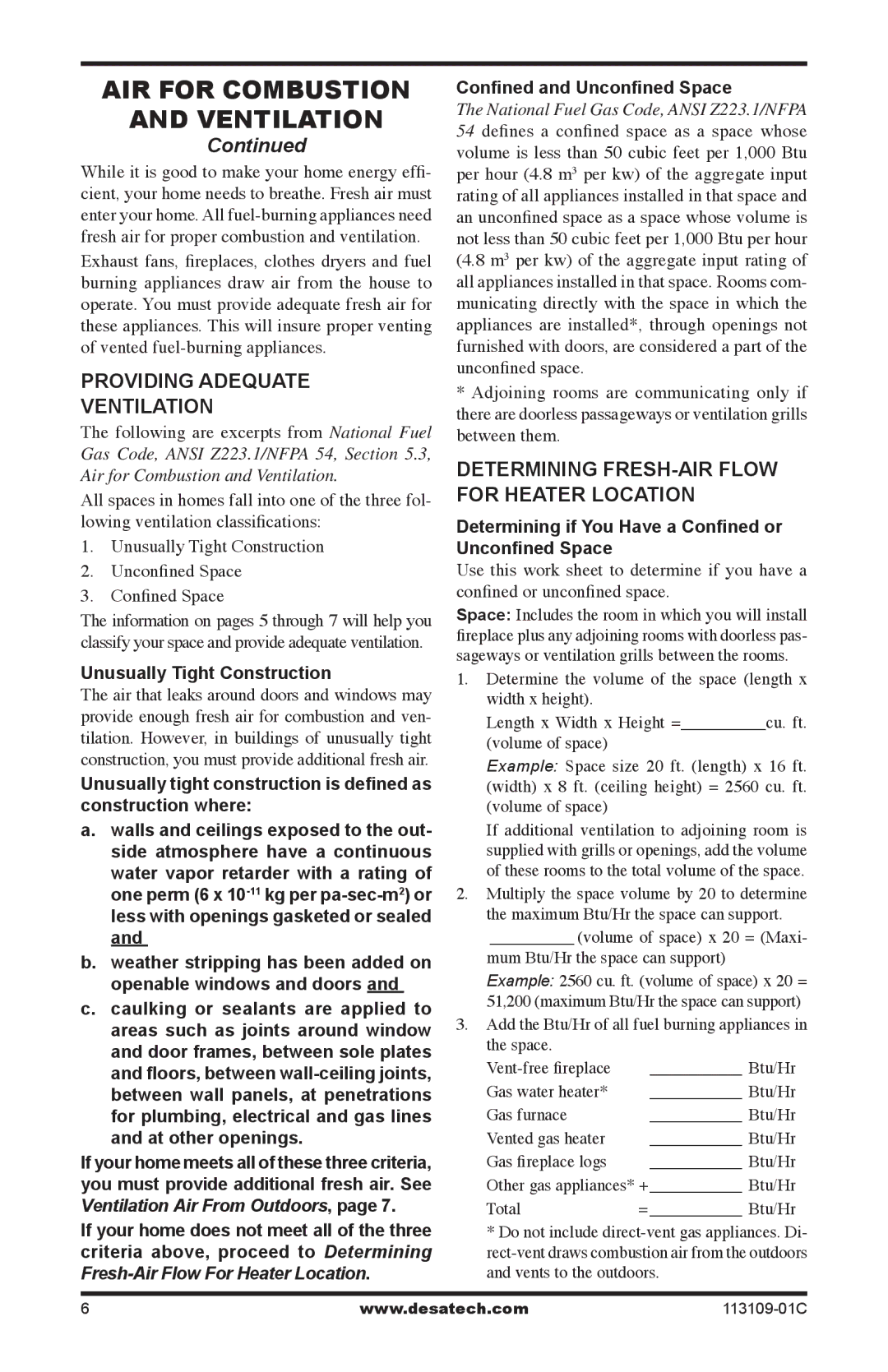 Desa FPVF33PRA, VYGF33NRC installation manual Providing Adequate Ventilation, Determining FRESH-AIR Flow for Heater Location 