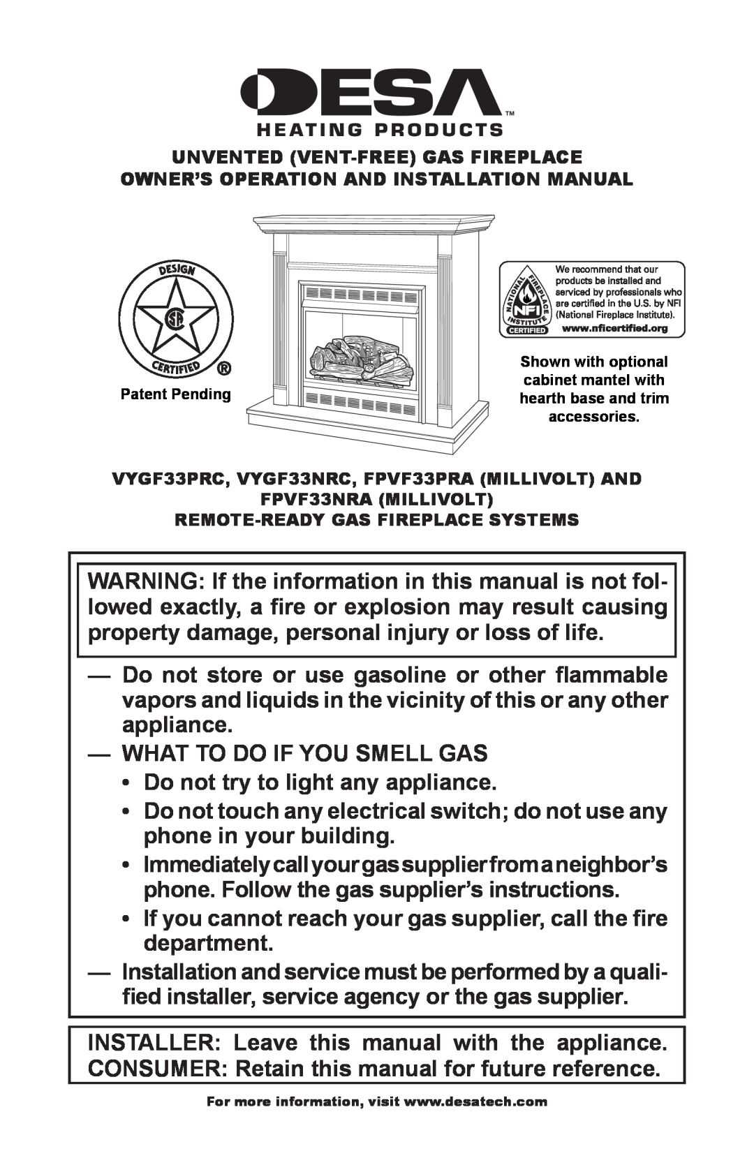 Desa VYGF33NRC, FPVF33PRA installation manual What To Do If You Smell Gas 