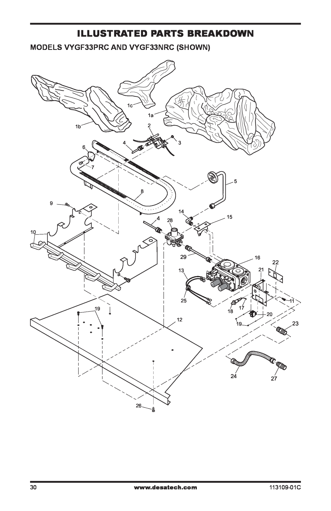 Desa FPVF33PRA installation manual Illustrated Parts Breakdown, Models VYGF33PRC and VYGF33NRC Shown, 2427, 113109-01C 