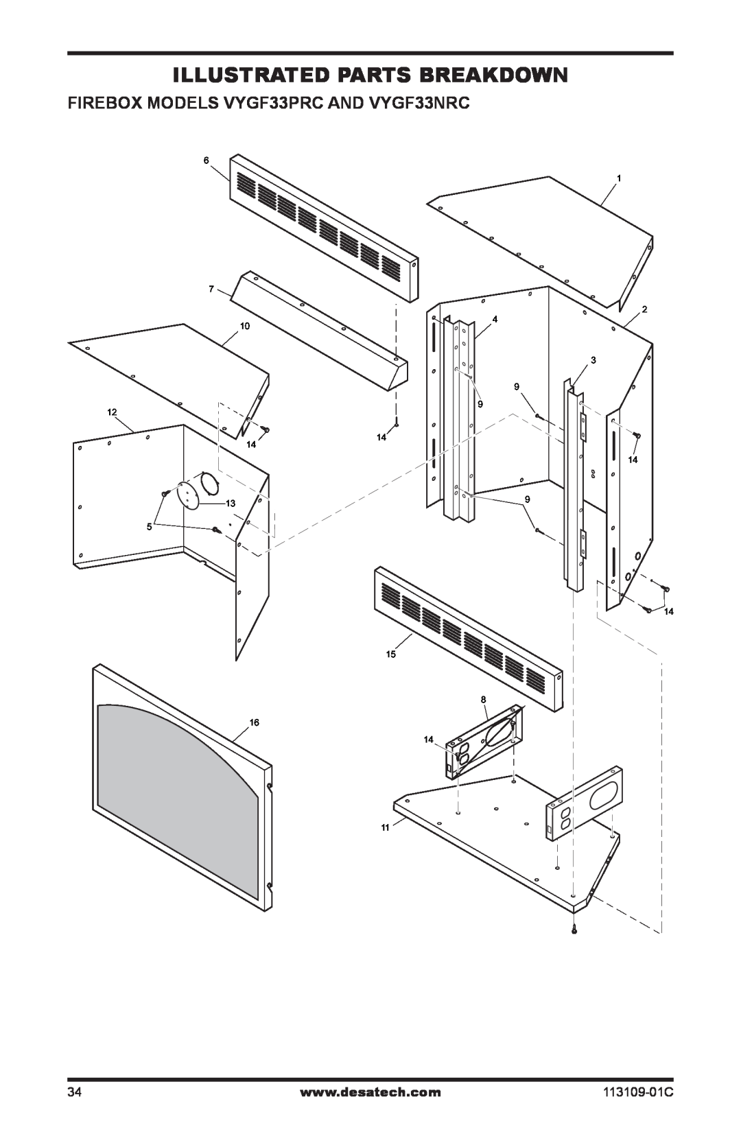 Desa FPVF33PRA installation manual Illustrated Parts Breakdown, Firebox Models VYGF33PRC and VYGF33NRC, 113109-01C 