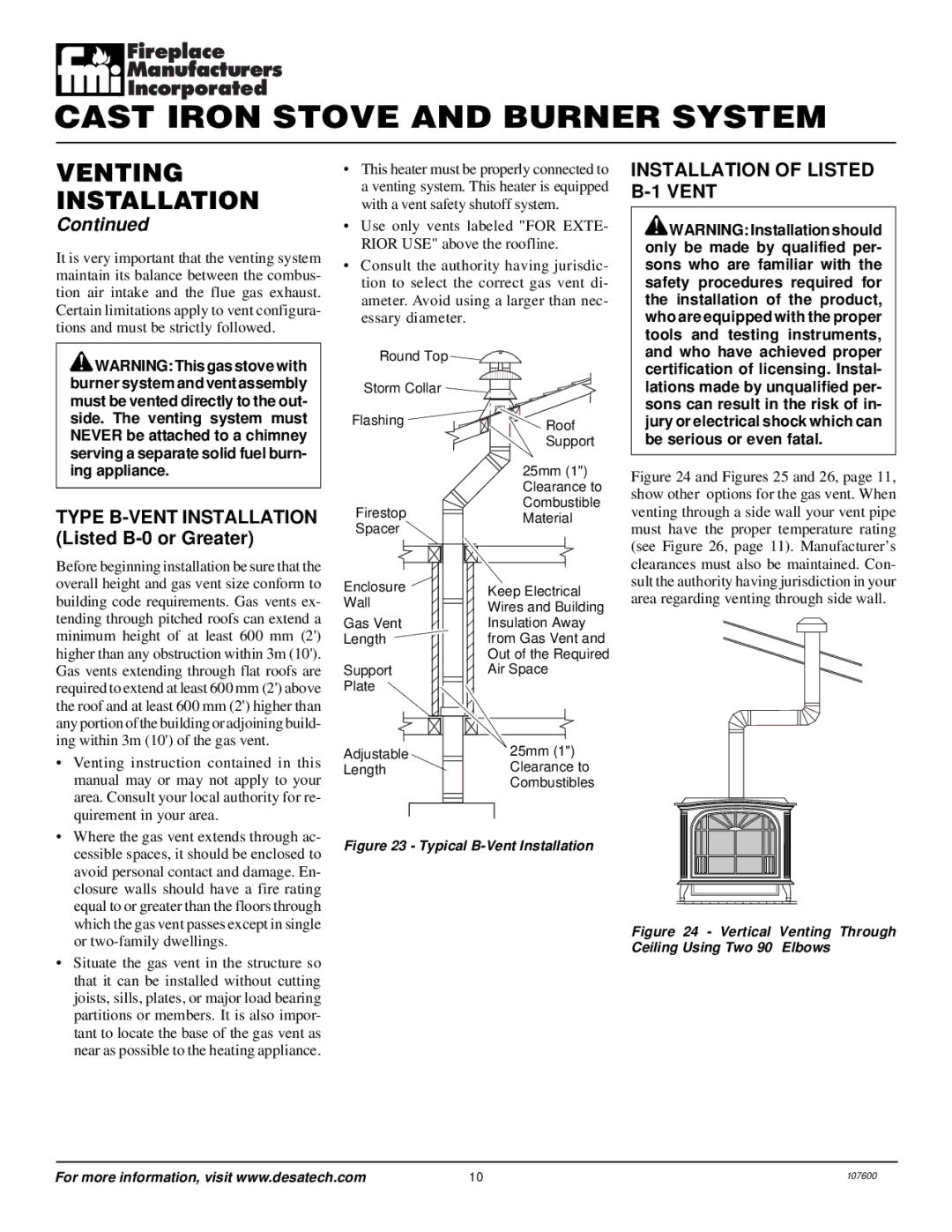 Desa FSBVBNC, FSBVBPC installation manual Installation of Listed B-1 Vent, Type B-VENT Installation Listed B-0 or Greater 