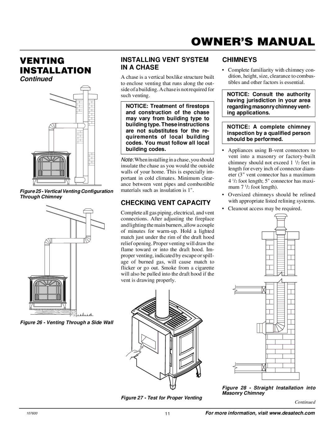 Desa FSBVBPC, FSBVBNC installation manual Installing Vent System in a Chase, Checking Vent Capacity, Chimneys 