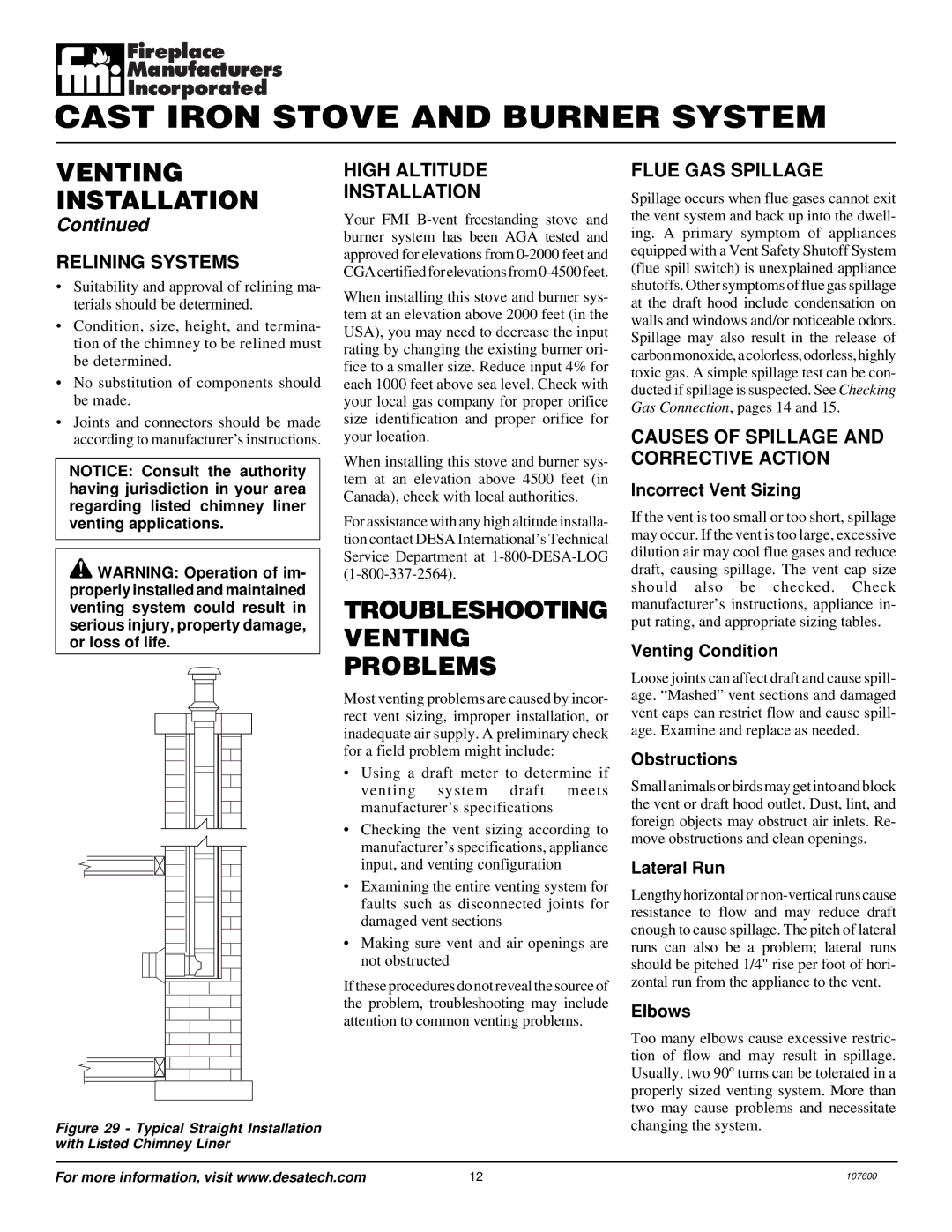 Desa FSBVBNC, FSBVBPC Troubleshooting Venting Problems, Relining Systems, High Altitude Installation, Flue GAS Spillage 