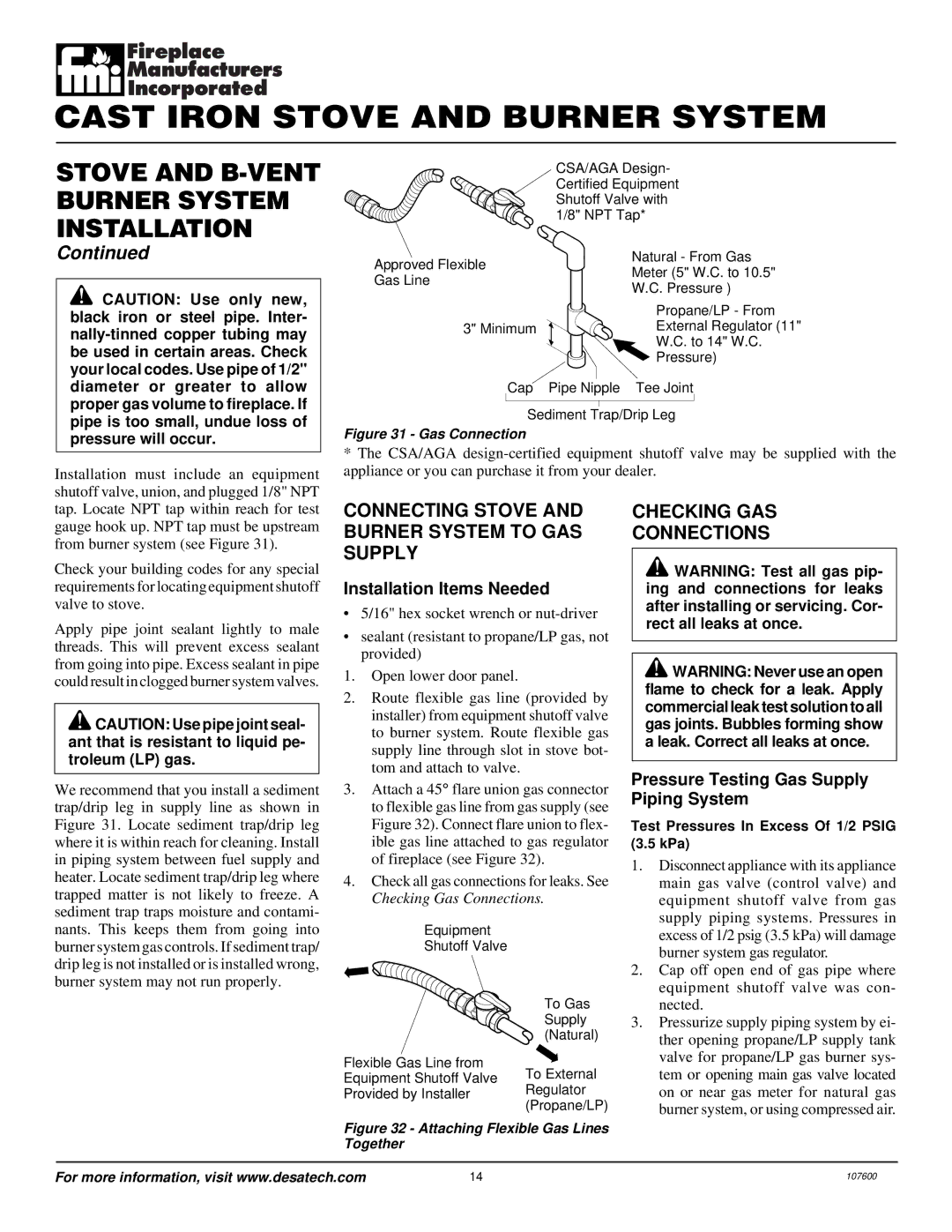 Desa FSBVBNC, FSBVBPC installation manual Connecting Stove and Burner System to GAS Supply, Checking GAS Connections 