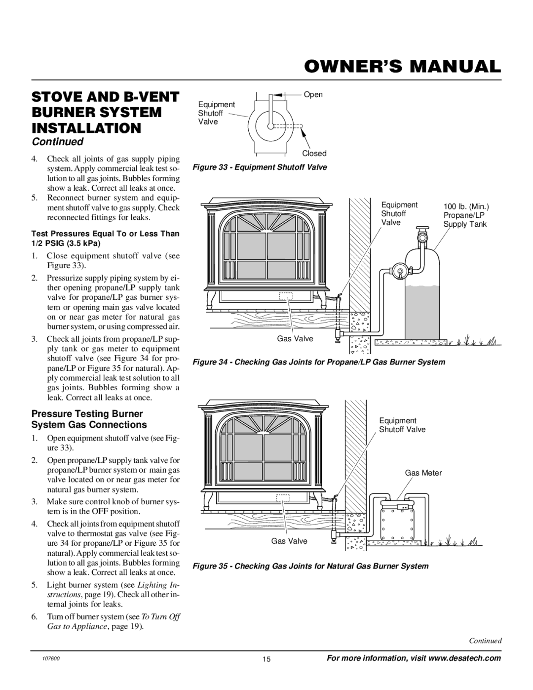 Desa FSBVBPC, FSBVBNC Pressure Testing Burner System Gas Connections, Close equipment shutoff valve see Figure 