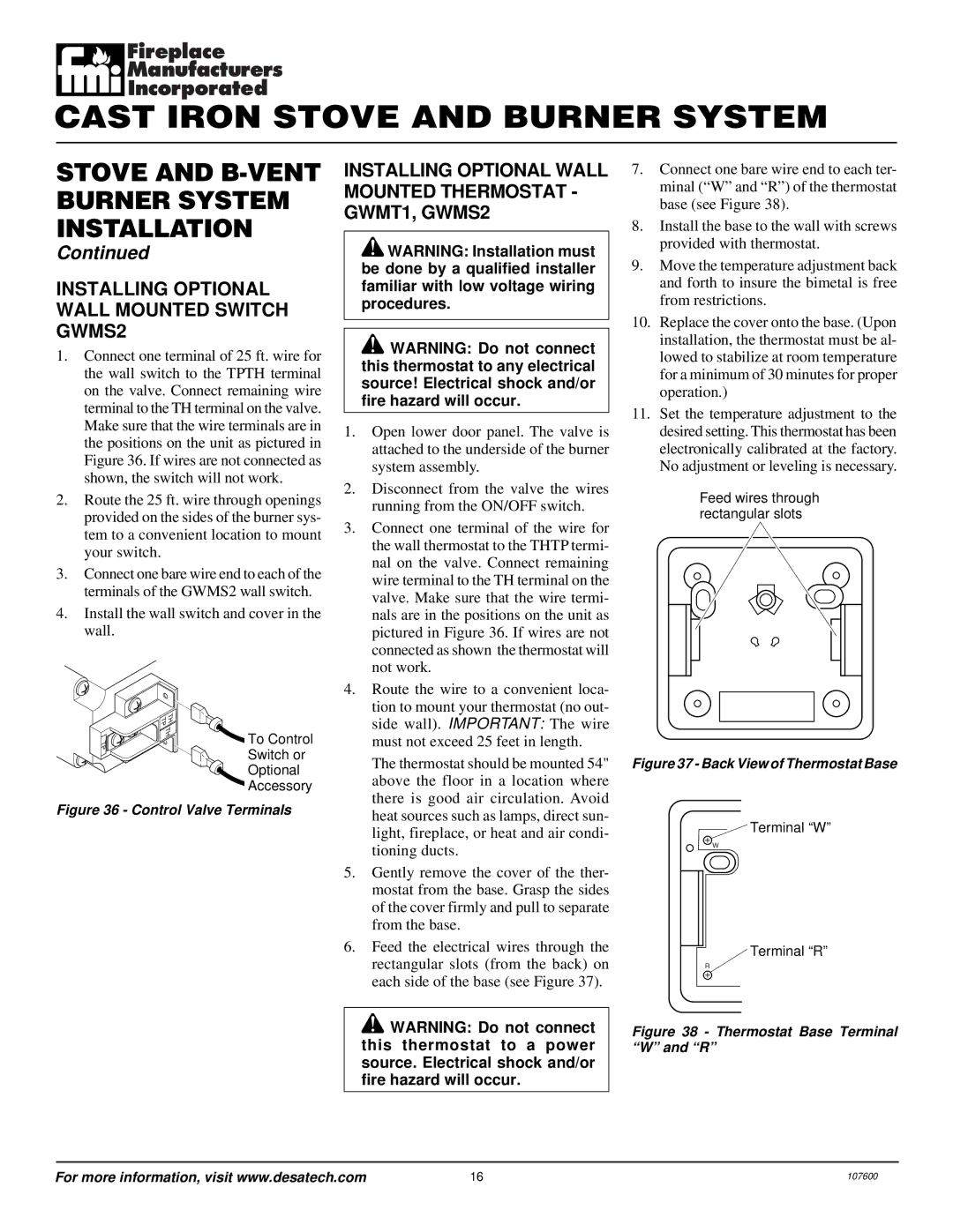 Desa FSBVBNC Installing Optional Wall Mounted Switch GWMS2, Installing Optional Wall Mounted Thermostat GWMT1, GWMS2 