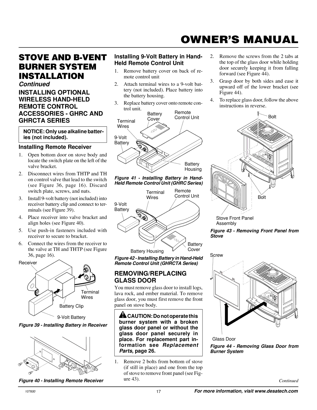 Desa FSBVBPC, FSBVBNC installation manual REMOVING/REPLACING Glass Door, Installing Remote Receiver 