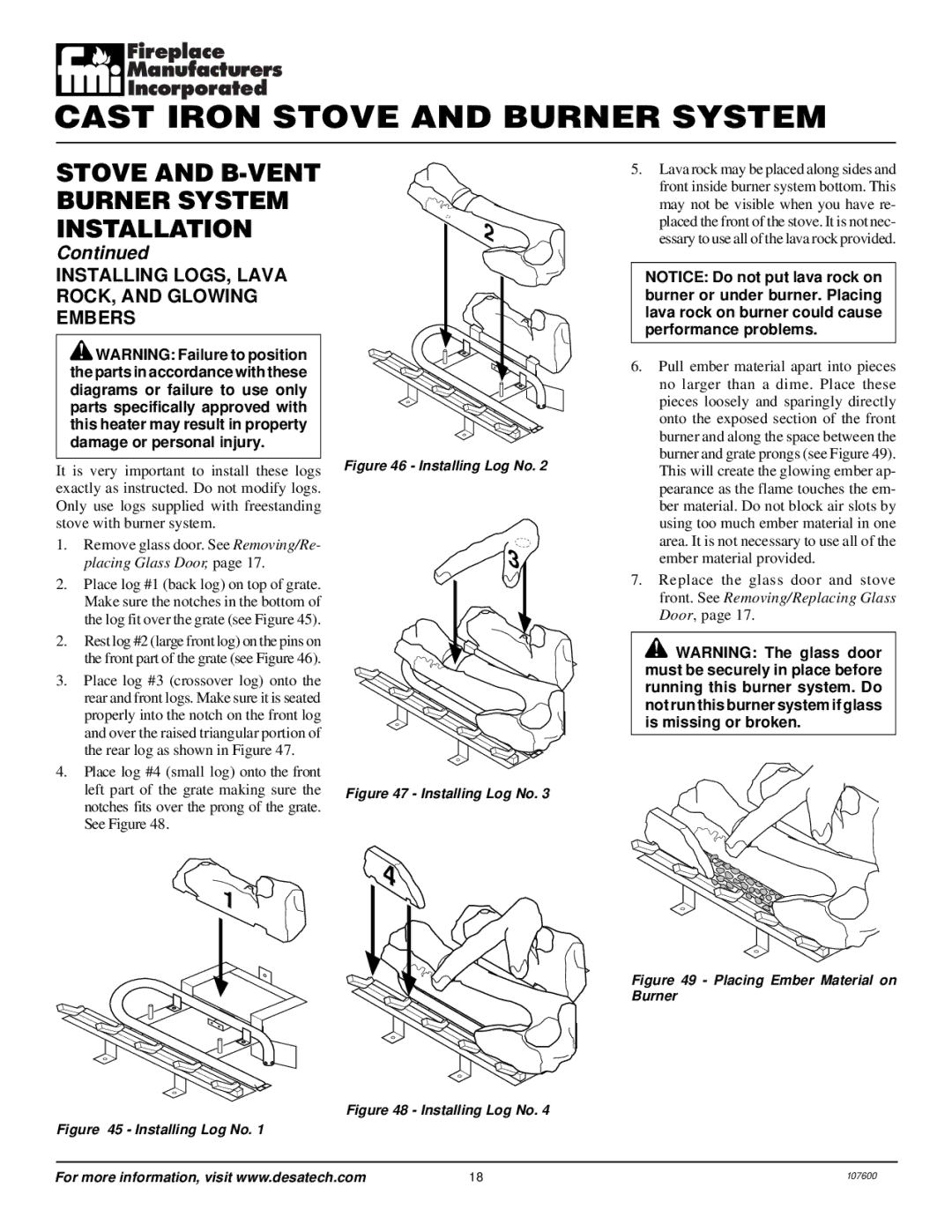 Desa FSBVBNC, FSBVBPC installation manual Installing LOGS, Lava ROCK, and Glowing Embers, Installing Log No 