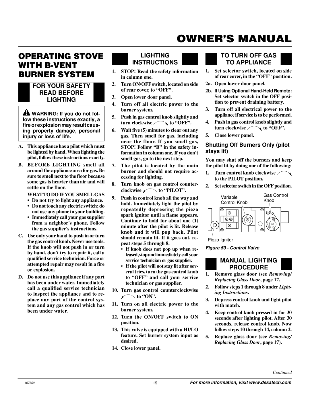 Desa FSBVBPC Operating Stove with B-VENT Burner System, For Your Safety Read Before Lighting, Lighting Instructions 