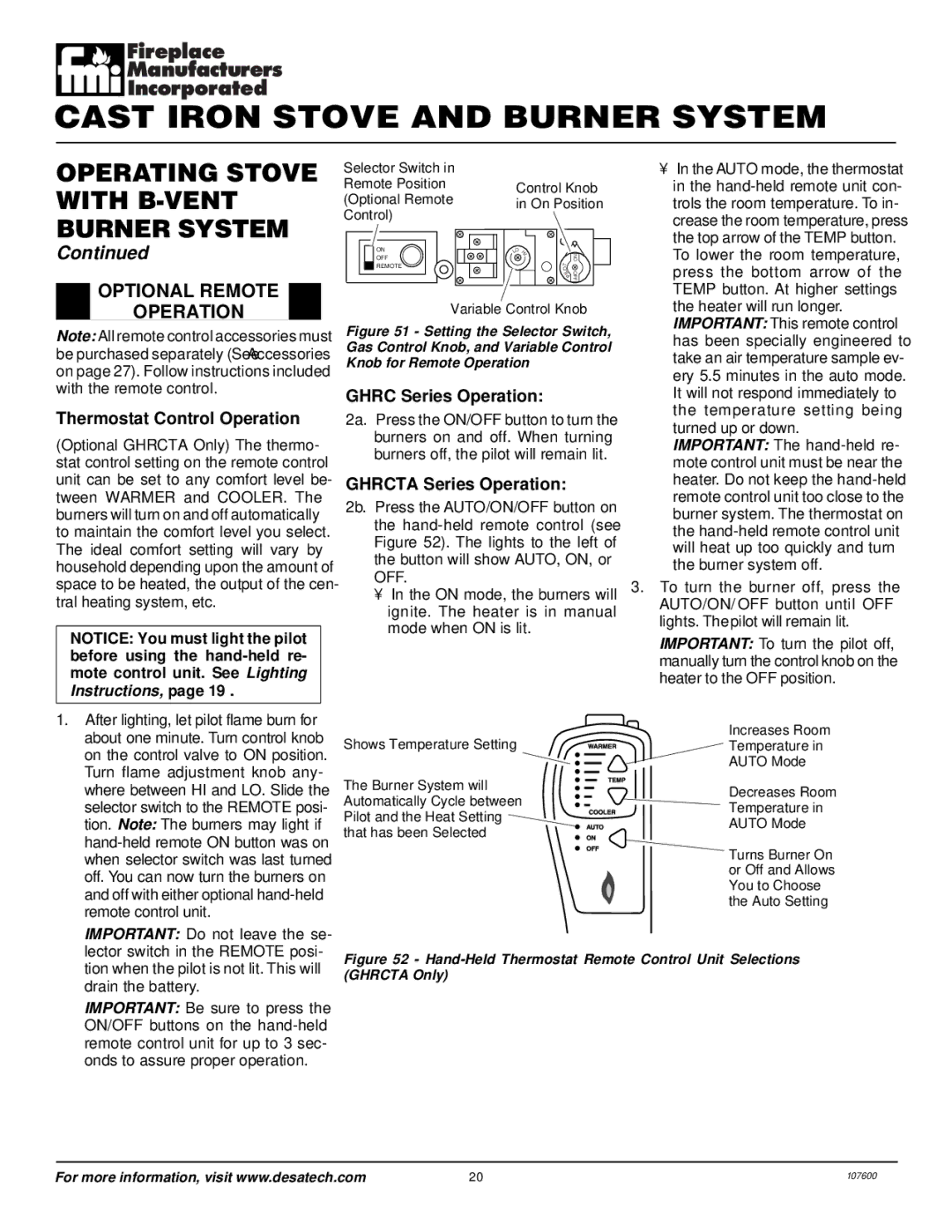 Desa FSBVBNC, FSBVBPC Optional Remote, Thermostat Control Operation, Ghrc Series Operation, Ghrcta Series Operation 