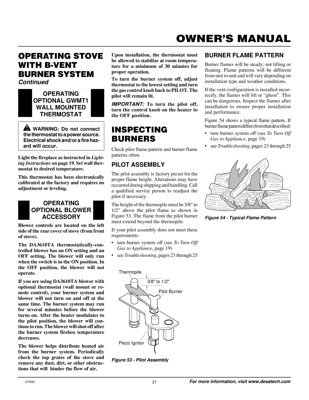 Desa FSBVBPC Inspecting Burners, Operating Optional GWMT1 Wall Mounted Thermostat, Operating Optional Blower Accessory 
