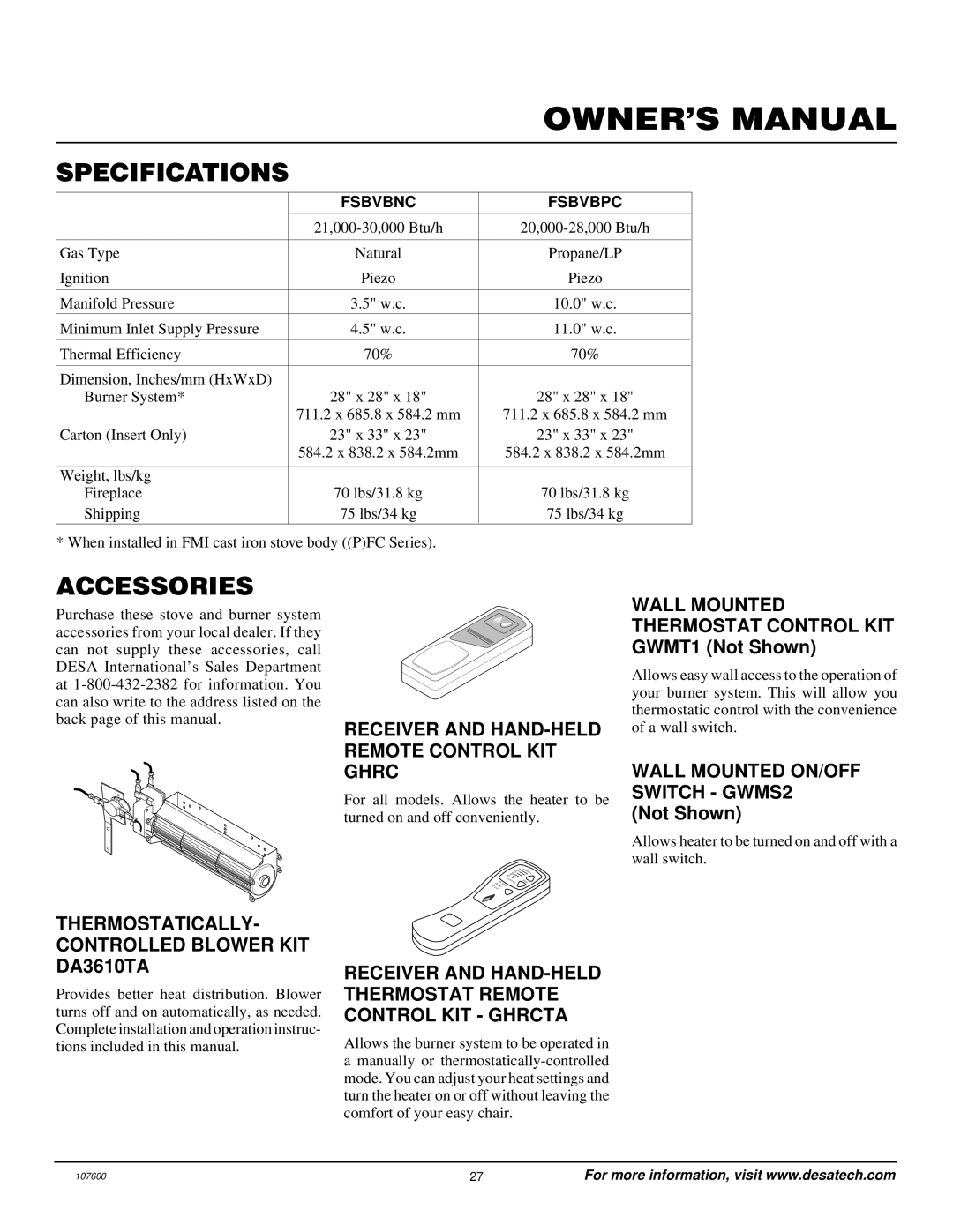 Desa FSBVBPC, FSBVBNC installation manual Specifications, Accessories 