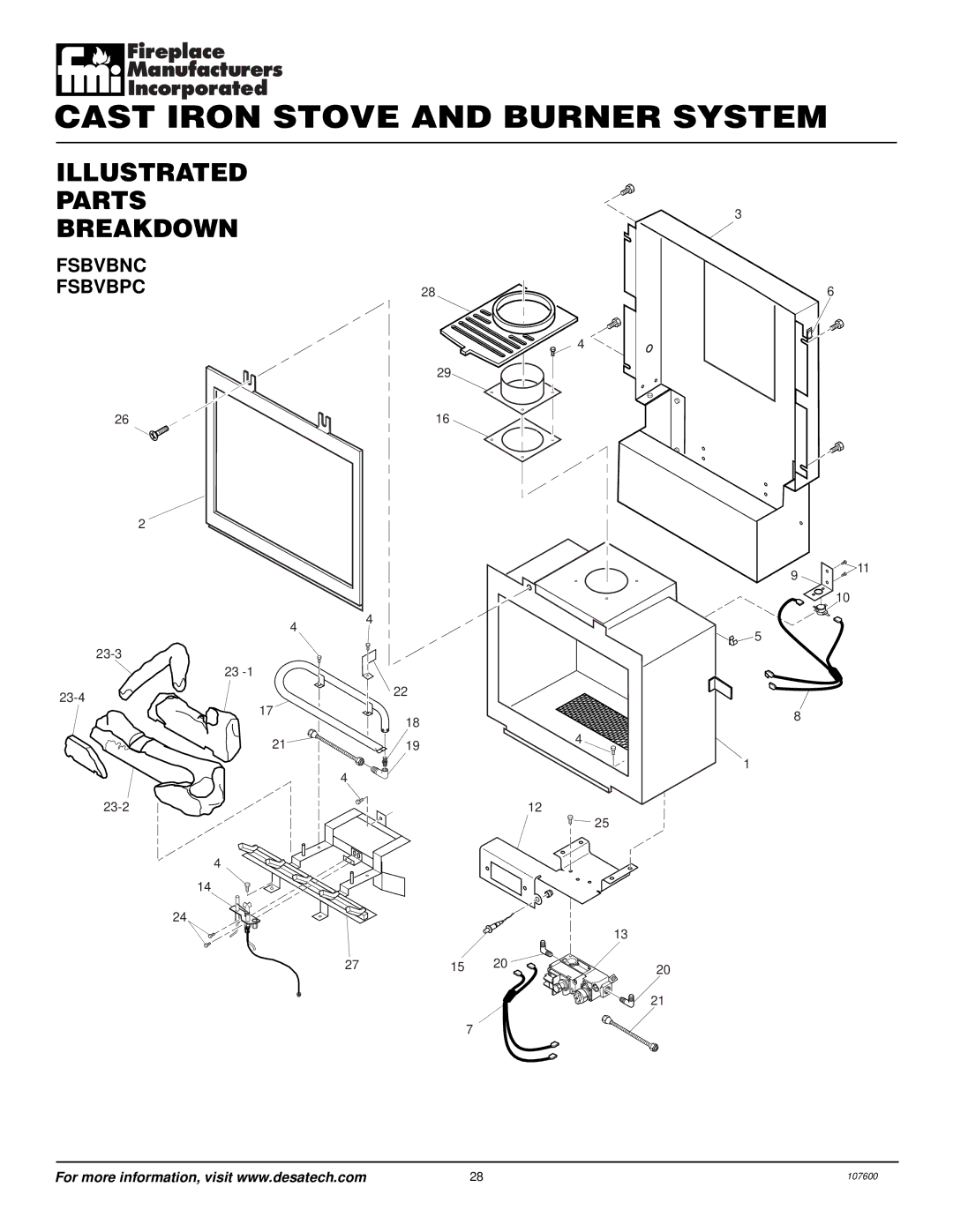 Desa FSBVBNC, FSBVBPC installation manual Illustrated Parts Breakdown, Fsbvbnc Fsbvbpc 