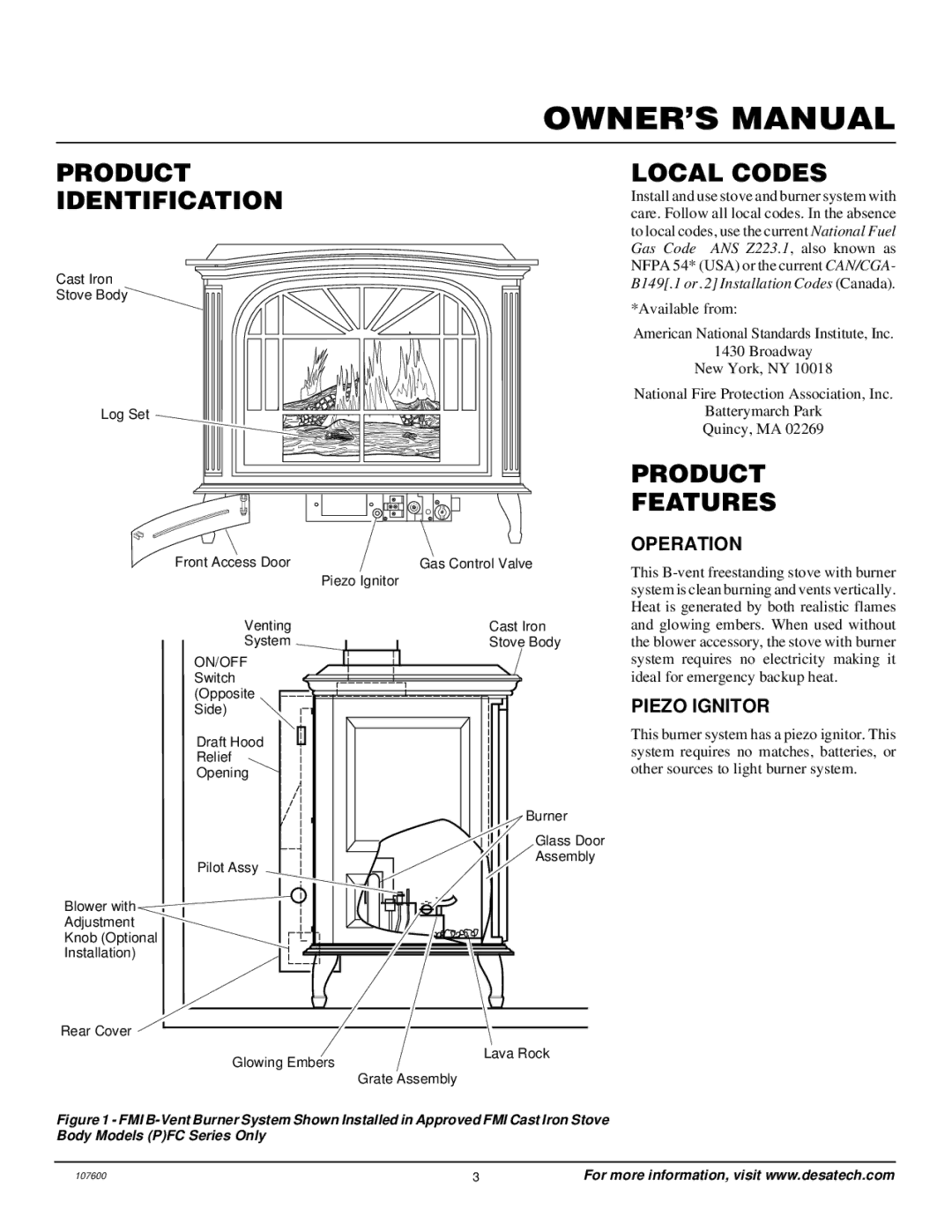 Desa FSBVBPC, FSBVBNC installation manual Product Identification, Local Codes, Product Features, Operation, Piezo Ignitor 