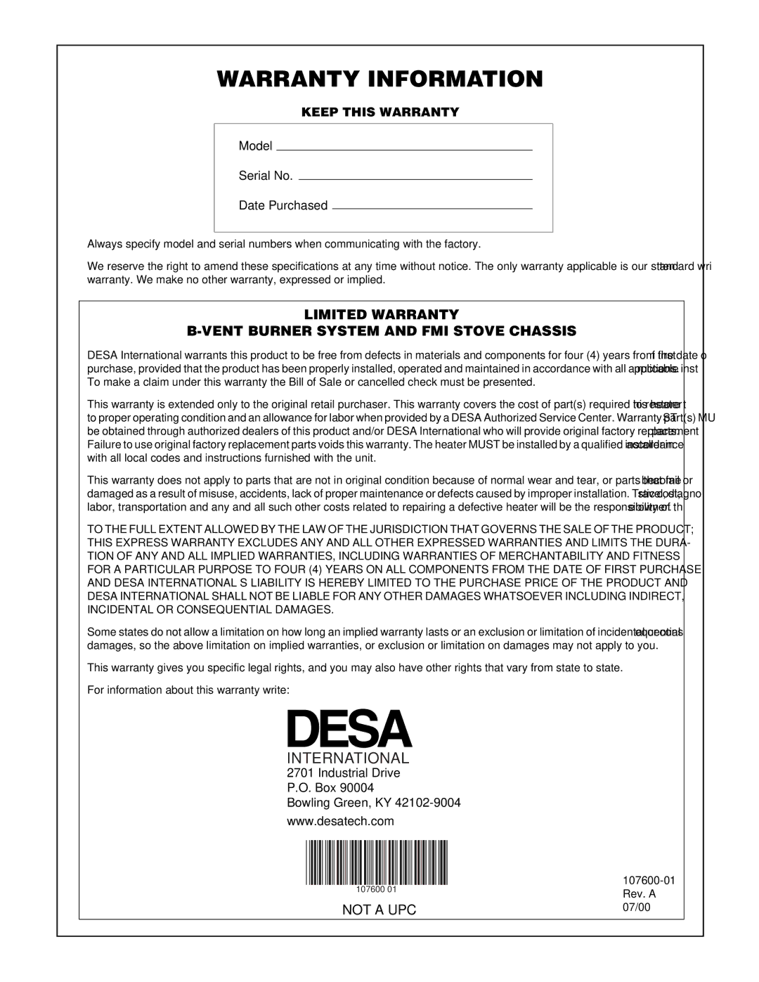 Desa FSBVBNC, FSBVBPC installation manual Warranty Information, International 