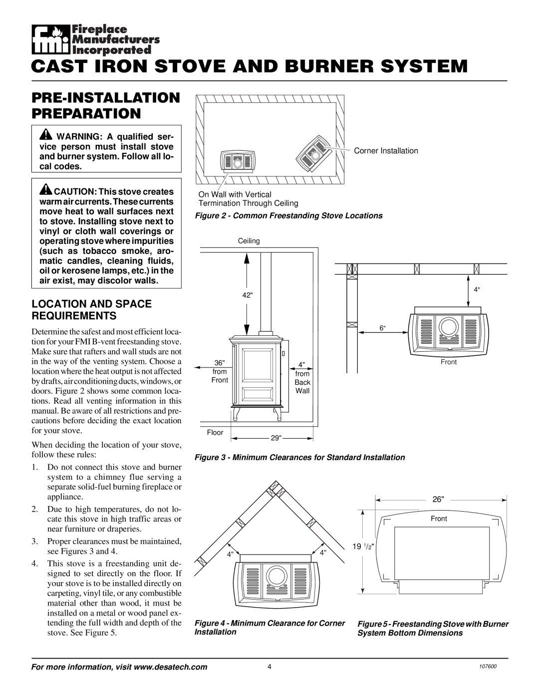 Desa FSBVBNC, FSBVBPC installation manual PRE-INSTALLATION Preparation, Location and Space Requirements 